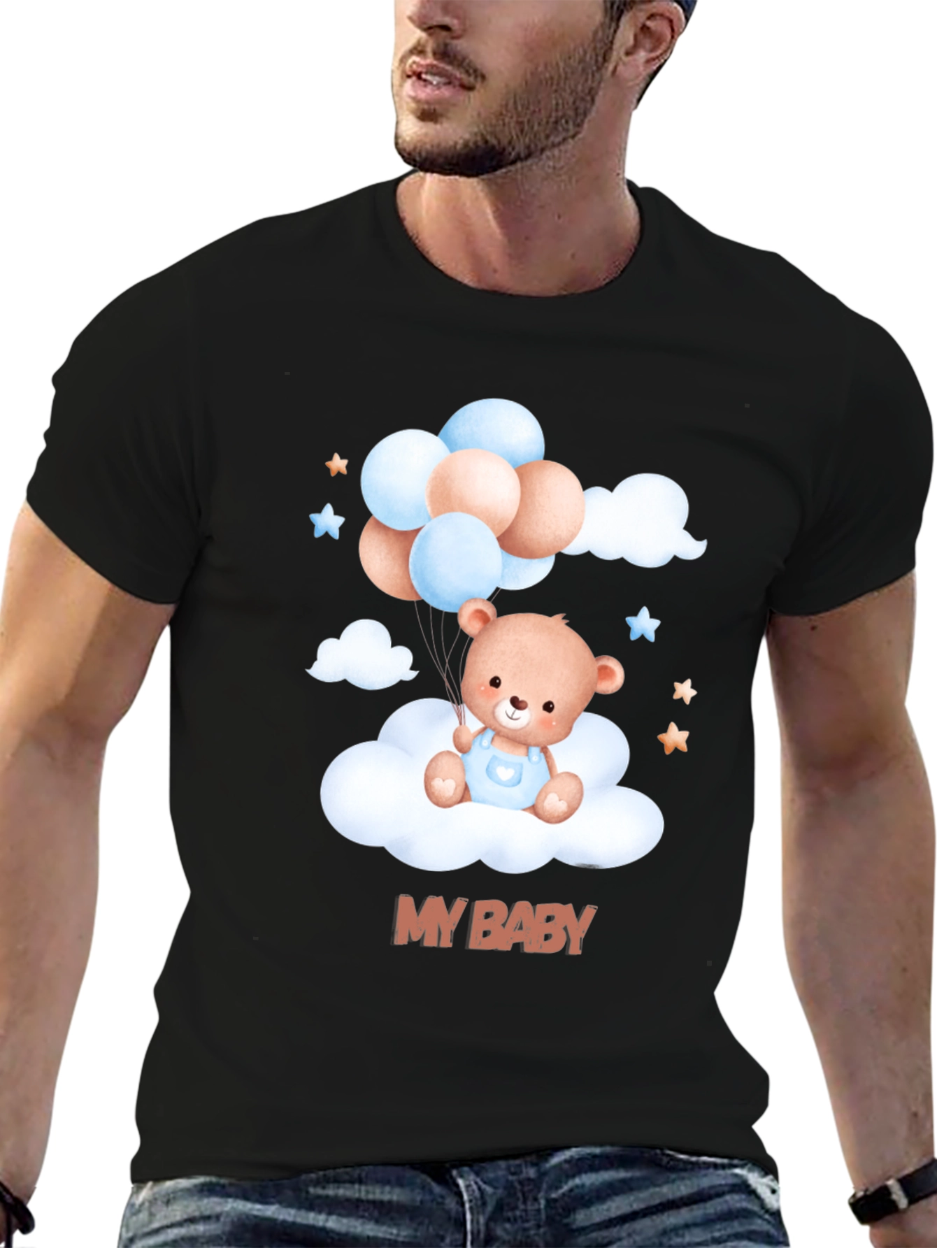 Black Cute "My Baby" Bear & Balloons Black T-Shirt view 6