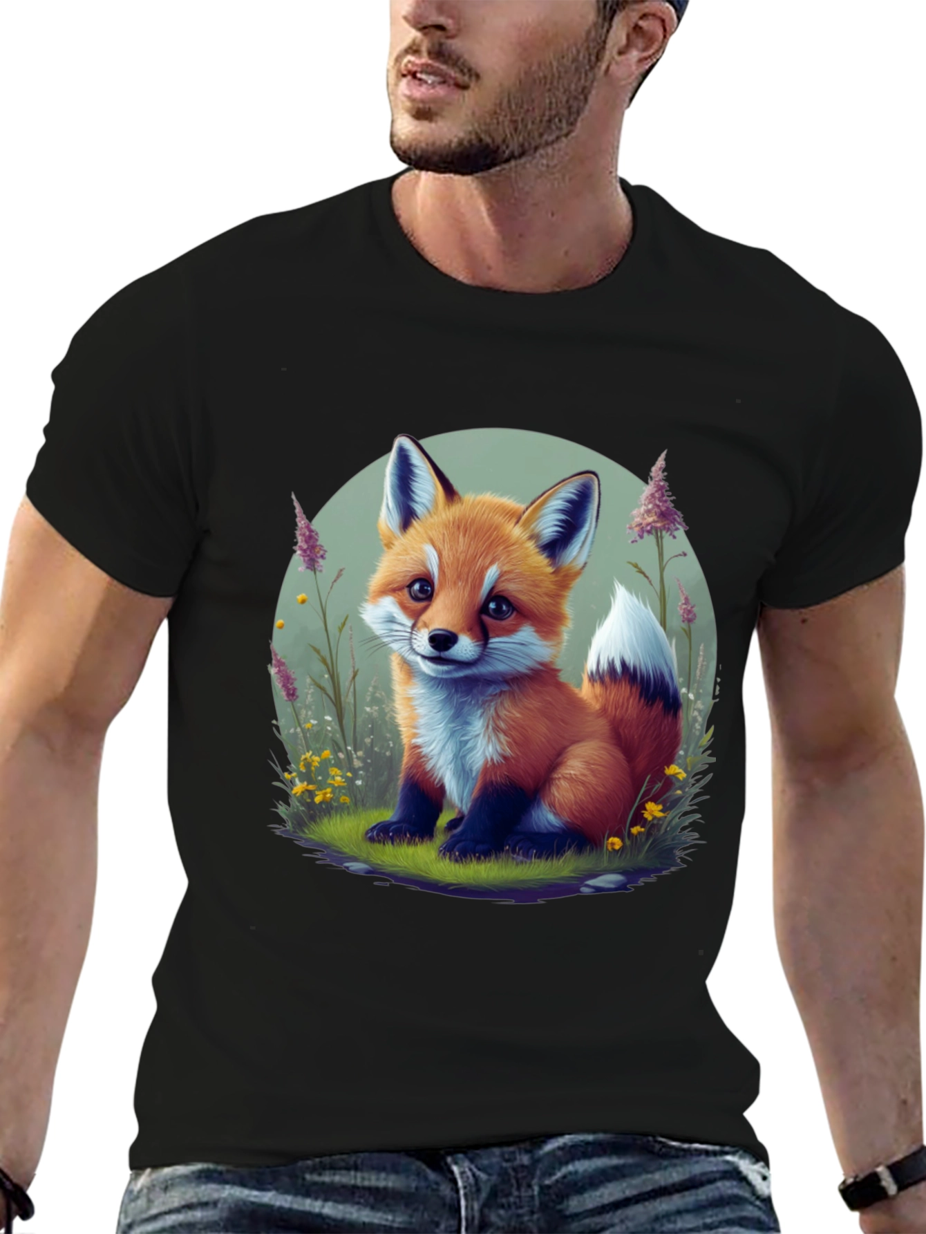 Black Cute Fox Graphic Tee - Soft Black Cotton view 6