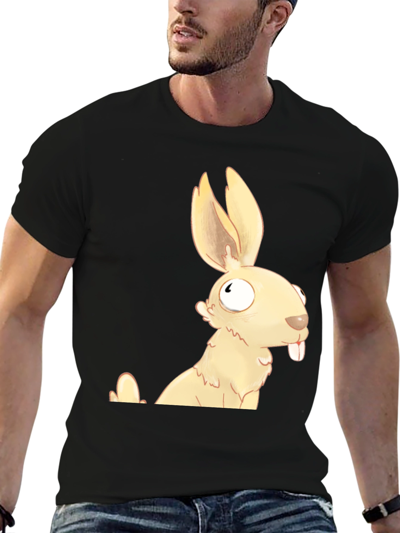 Black Funny Cartoon Rabbit Graphic T-Shirt view 6