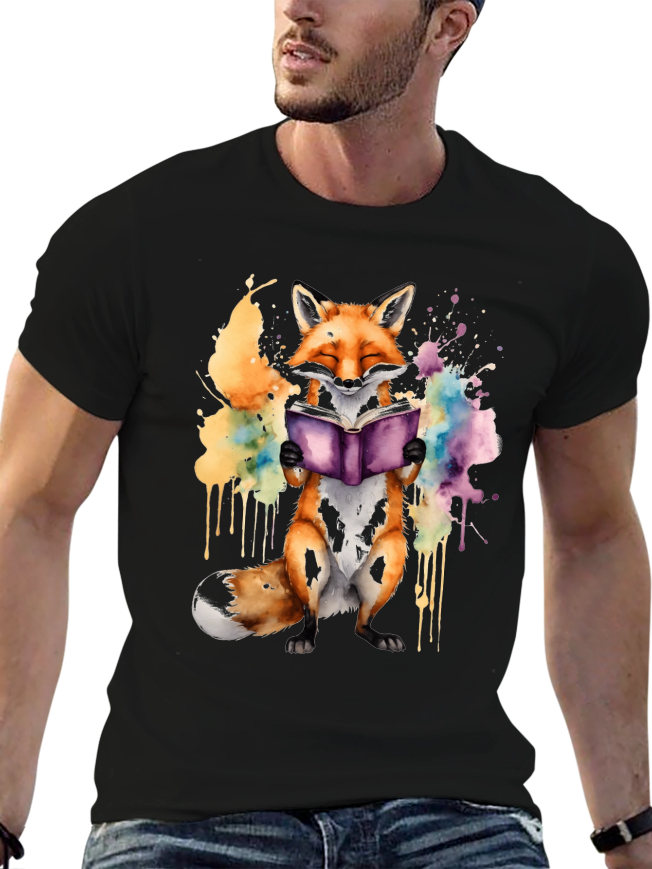 Black Fox Reading Book T-Shirt - Watercolor Design view 6