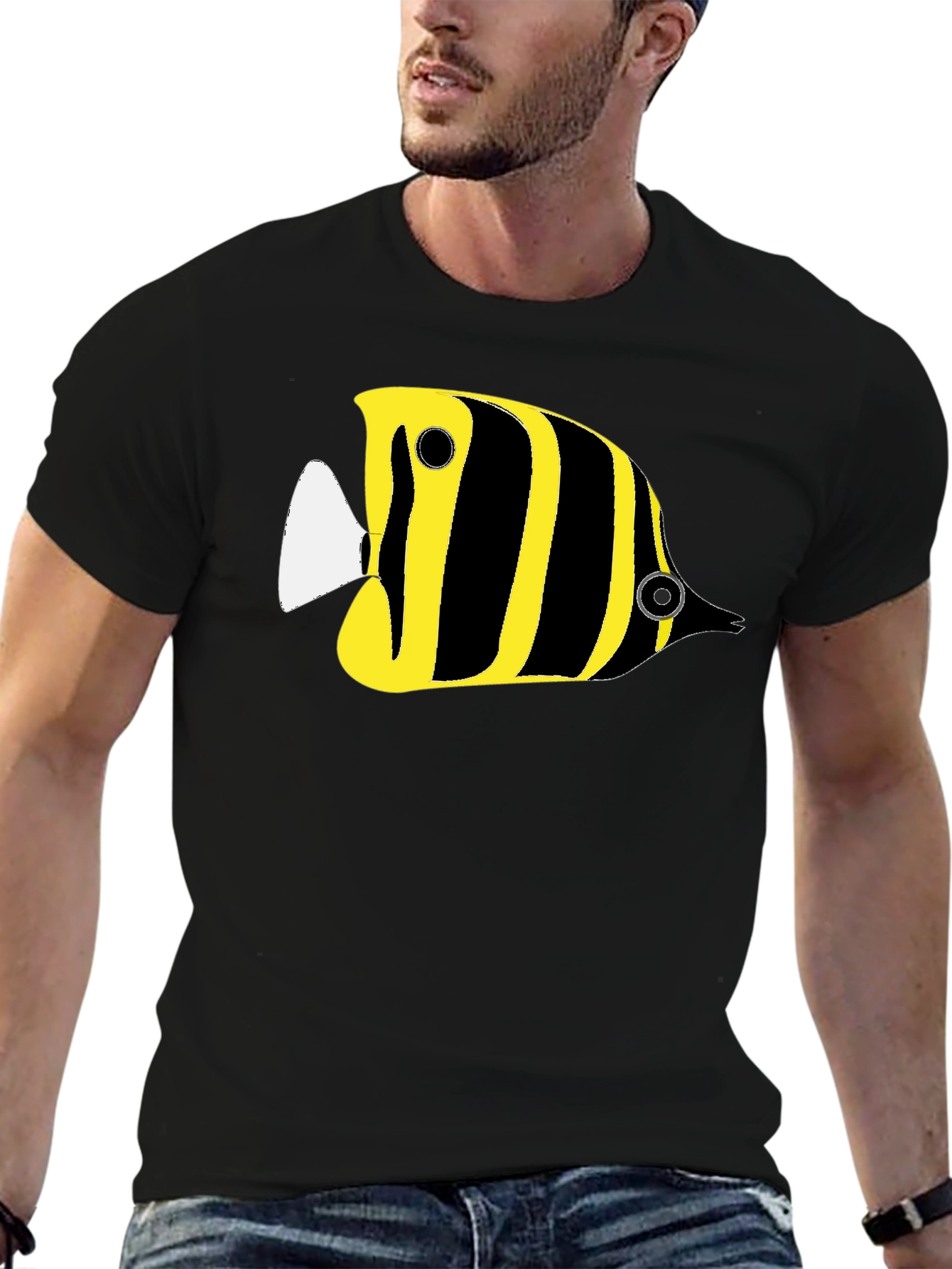 Black Black T-Shirt with Yellow Striped Fish Graphic view 6