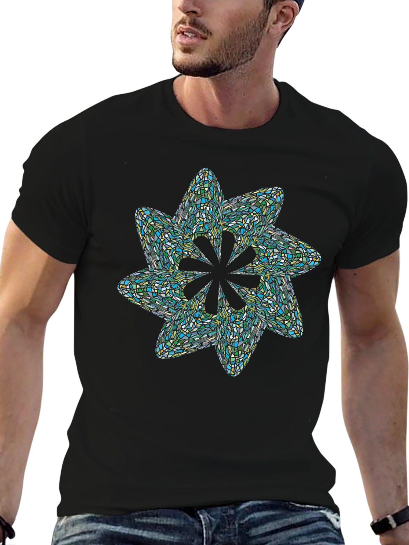 Black Abstract Mosaic Flower T-Shirt - Black view 6