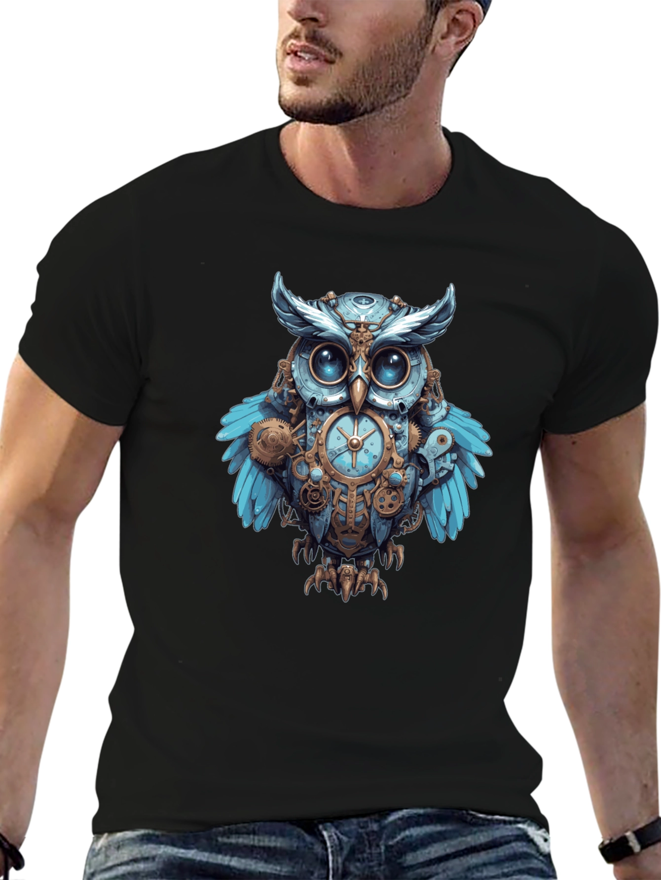 Black Steampunk Owl Graphic Print Men's T-Shirt view 6