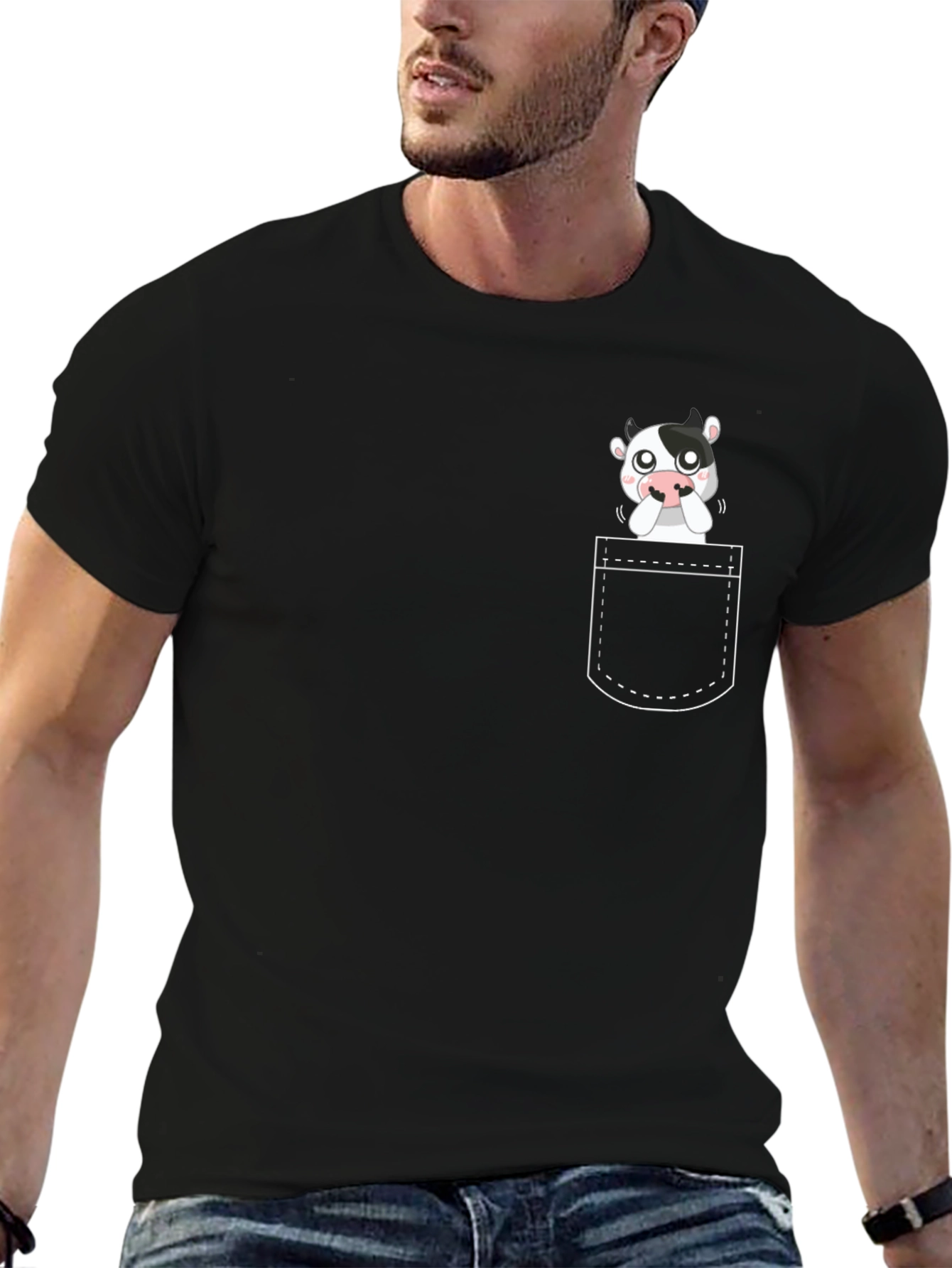 Black Cute Cow Pocket Graphic Tee - Black Cotton Comfort view 6