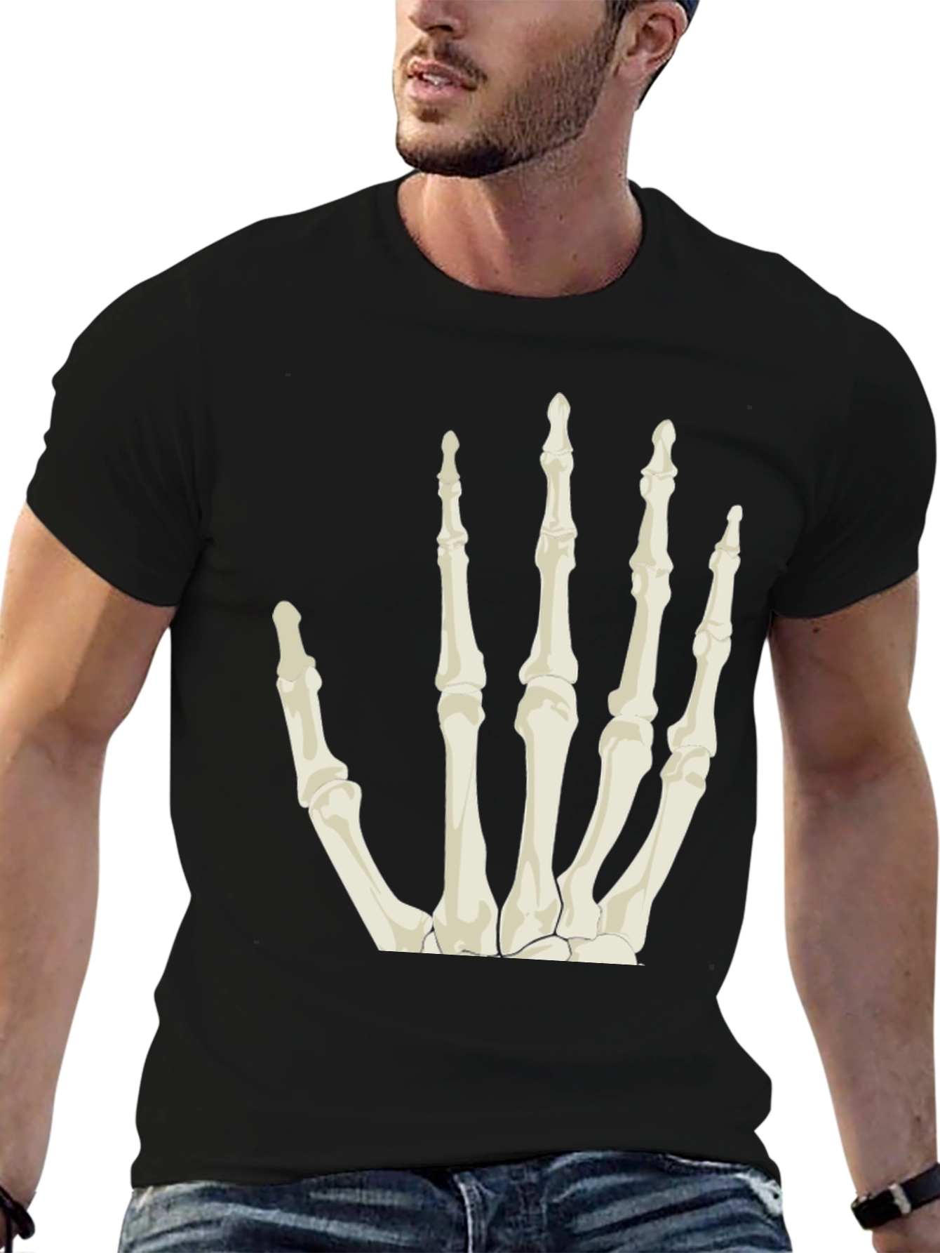 Black Skeleton Hand Graphic Tee - Black Cotton T-Shirt view 6