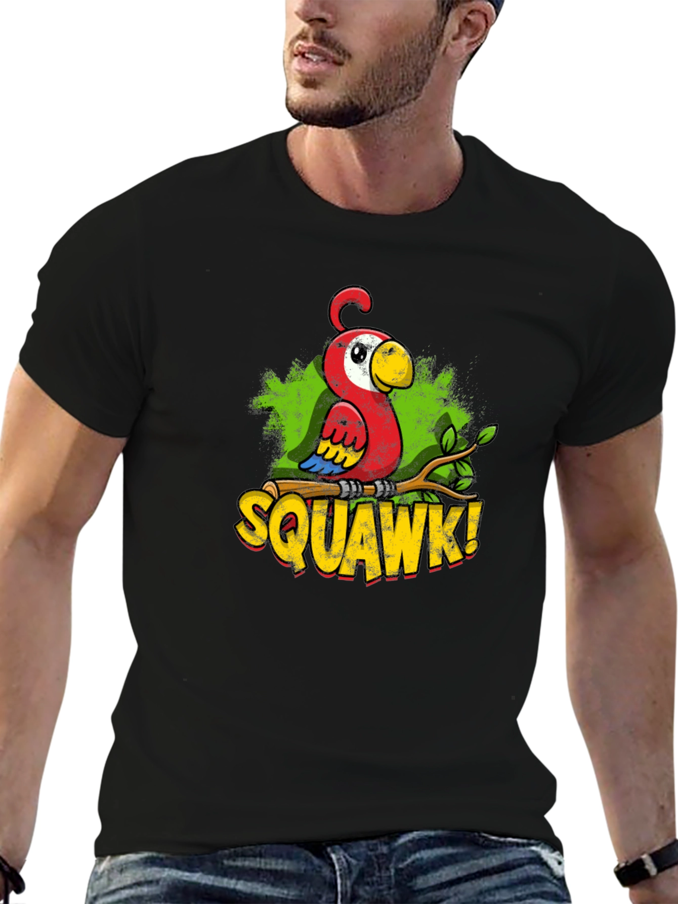 Black Funny Parrot Graphic T-Shirt - SQUAWK! Cartoon Bird Tee view 6