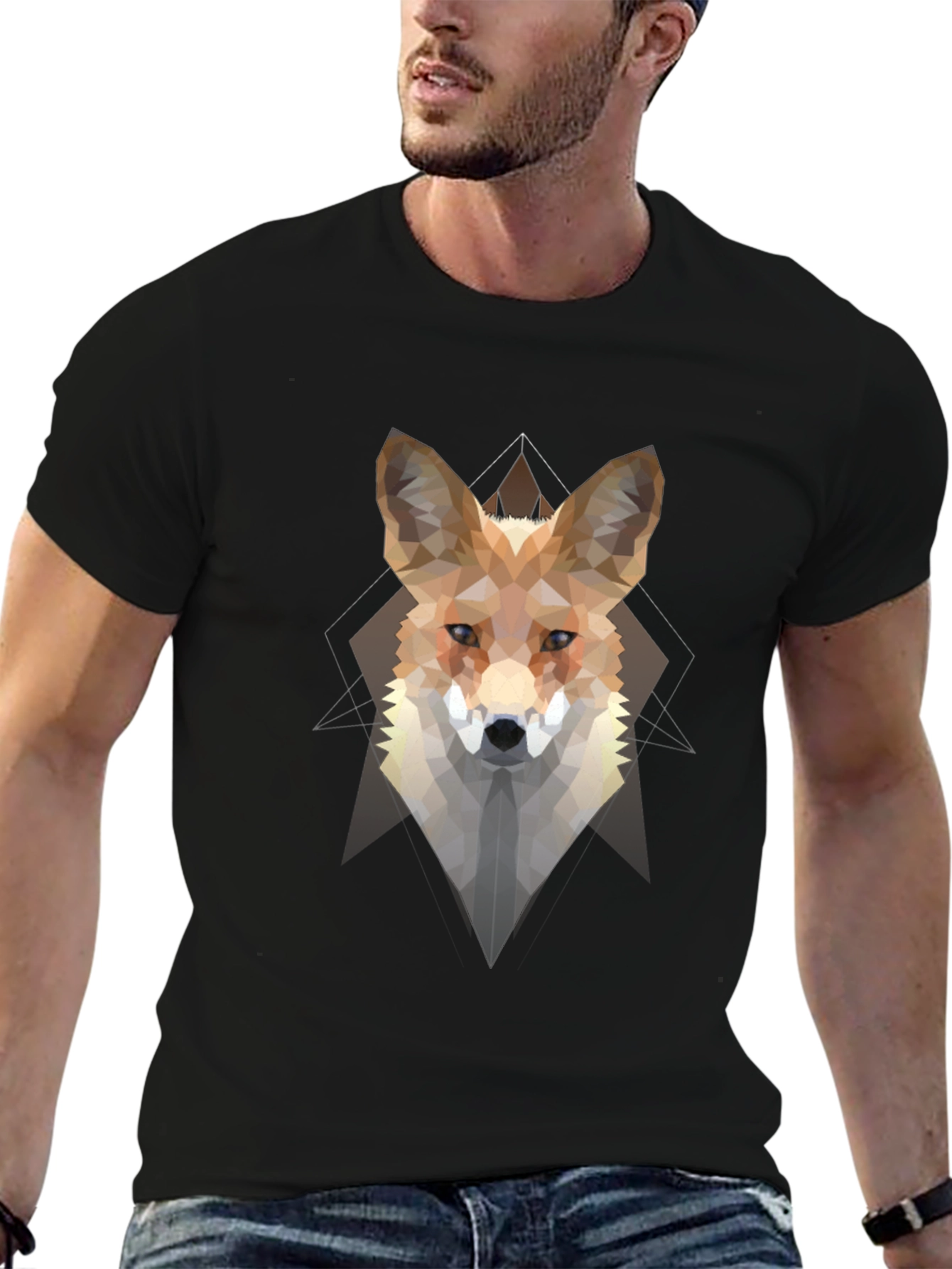 Black Geometric Fox Graphic Tee - Men's Black T-Shirt view 6