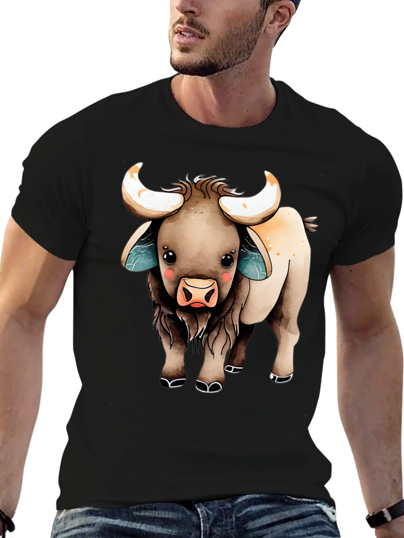 Black Cute Cartoon Highland Cow T-Shirt view 6