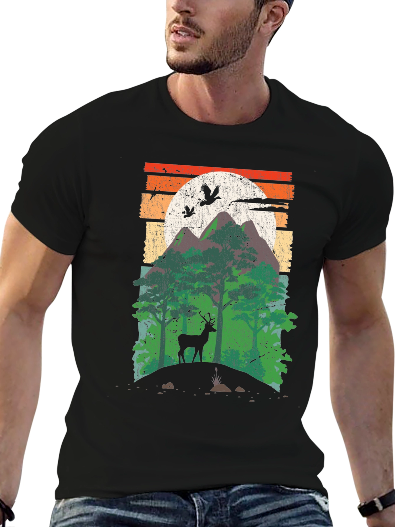 Black Retro Mountain Deer Graphic T-Shirt view 6