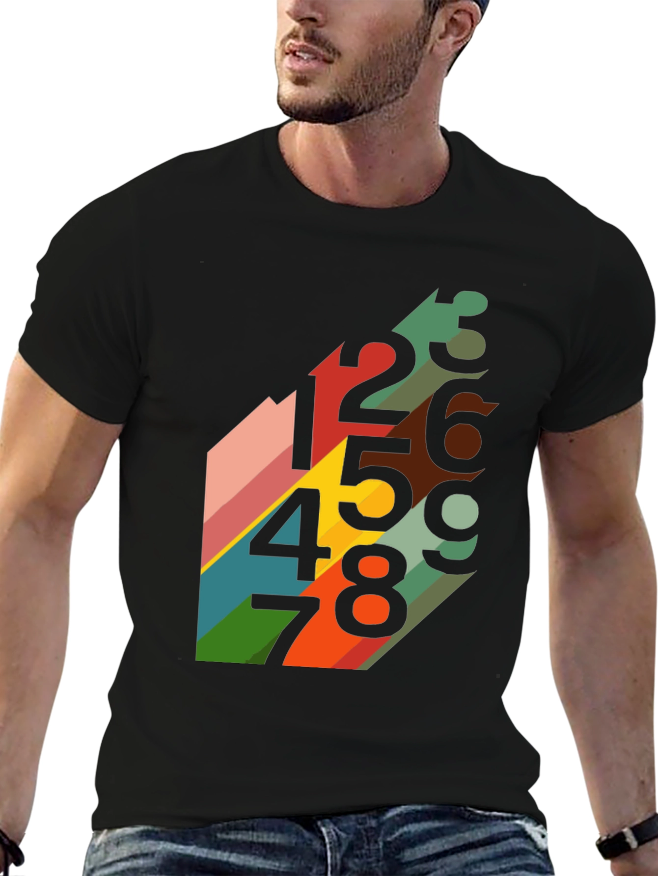 Black Retro Number Pattern Black T-Shirt view 6