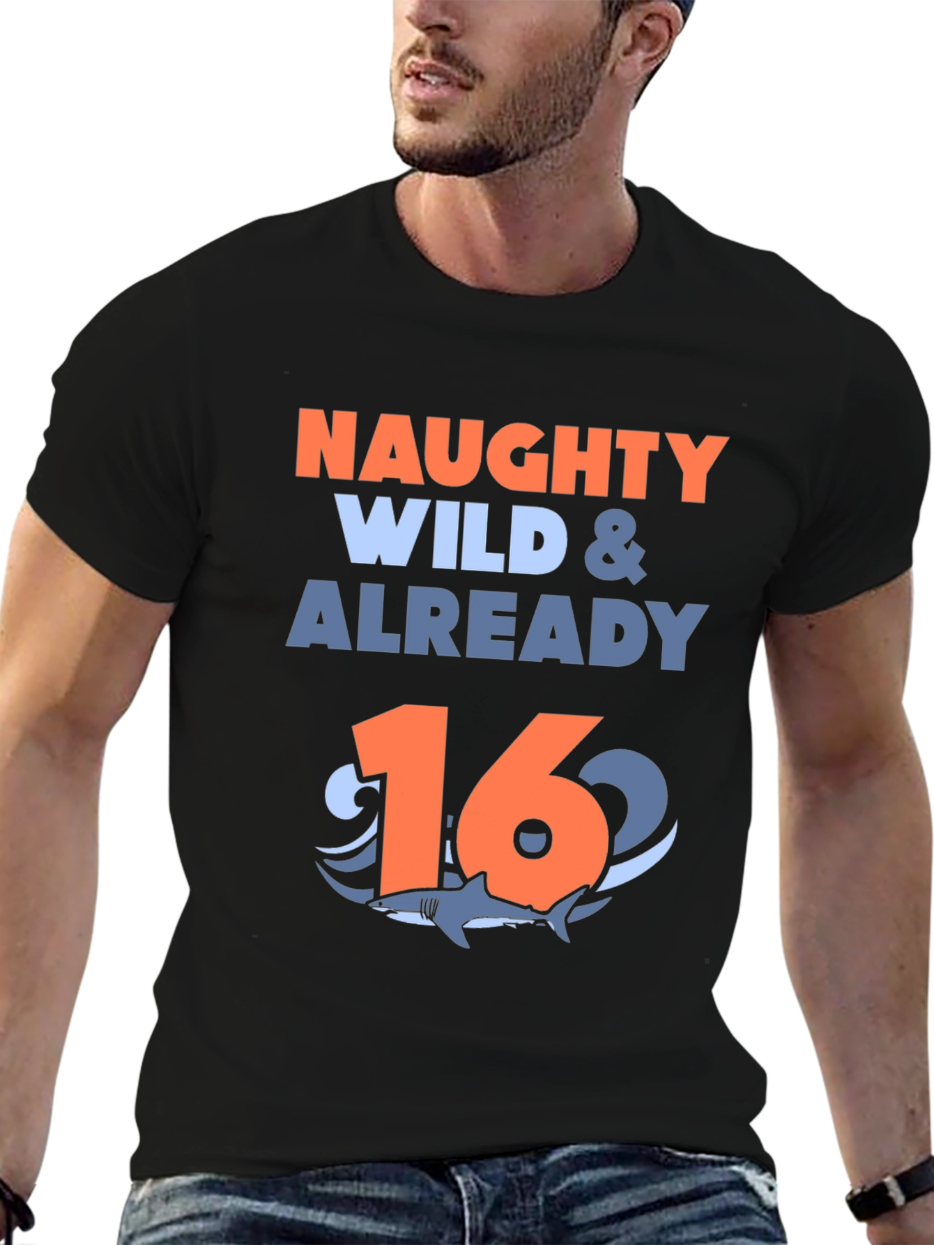 Black Naughty Wild & Already 16 Shark Birthday T-Shirt view 6