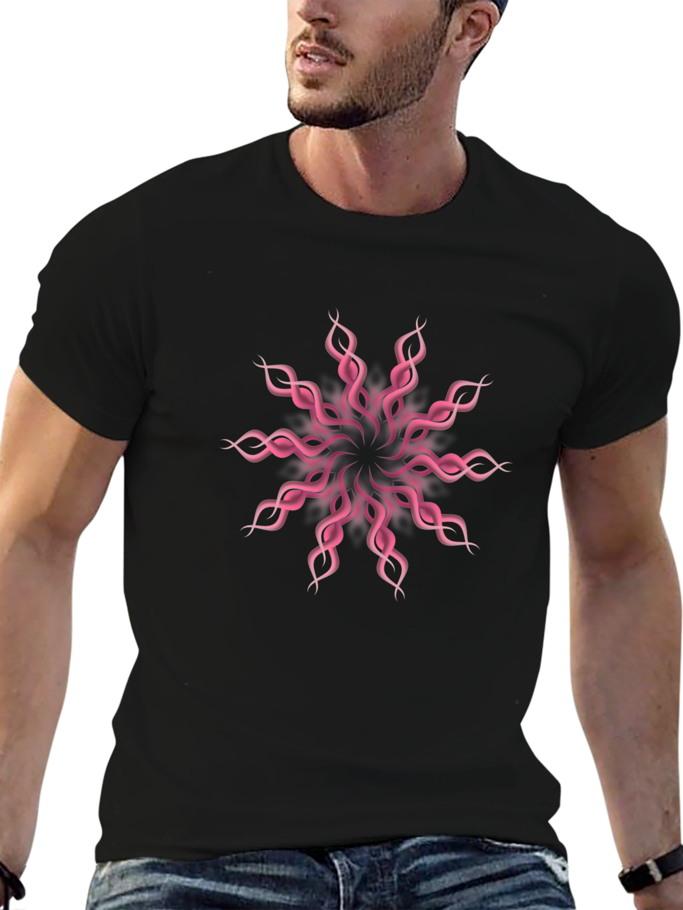 Black Stylish Black Tee with Pink Floral Design view 6