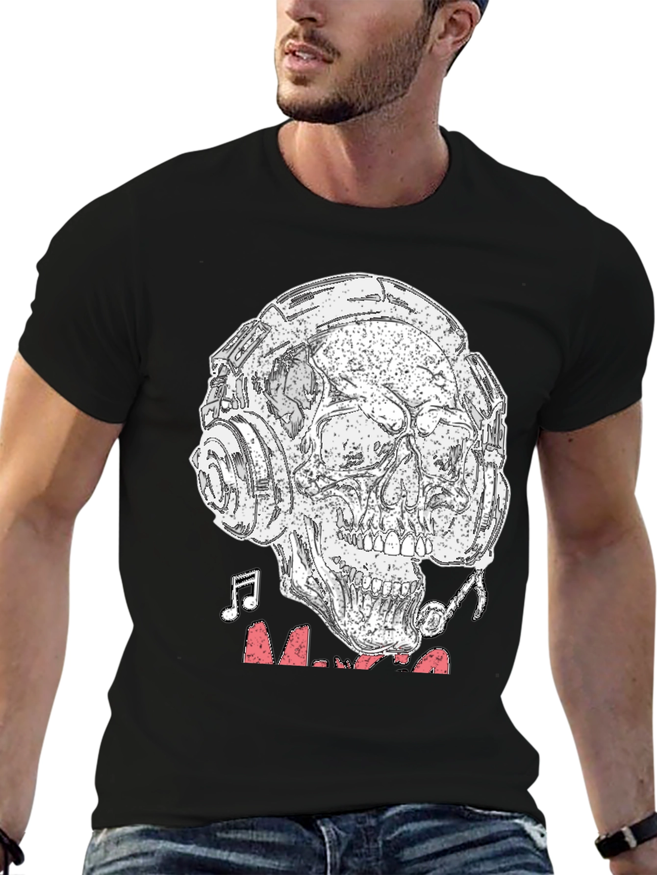 Black Skull Headphones Graphic T-Shirt - Rock & Roll Vibe view 6