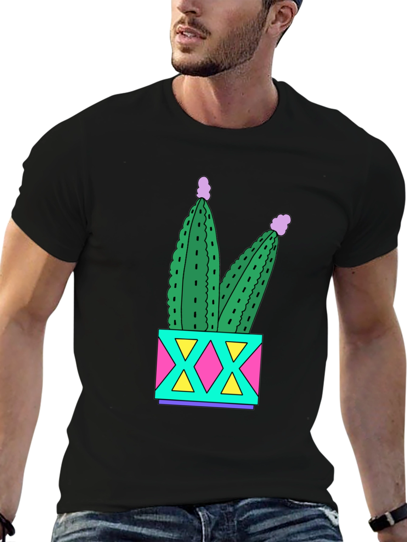 Black Fun Cactus T-Shirt - Black Cotton Graphic Tee view 6