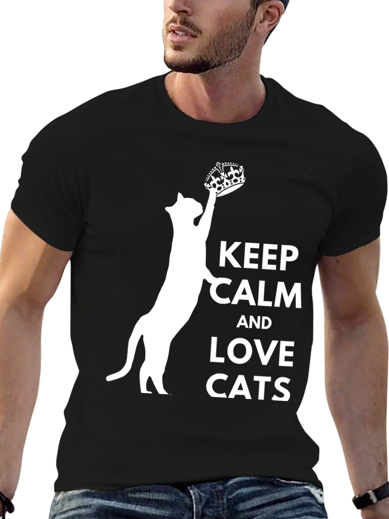 Black Keep Calm and Love Cats T-Shirt - Crowned Cat Design view 6