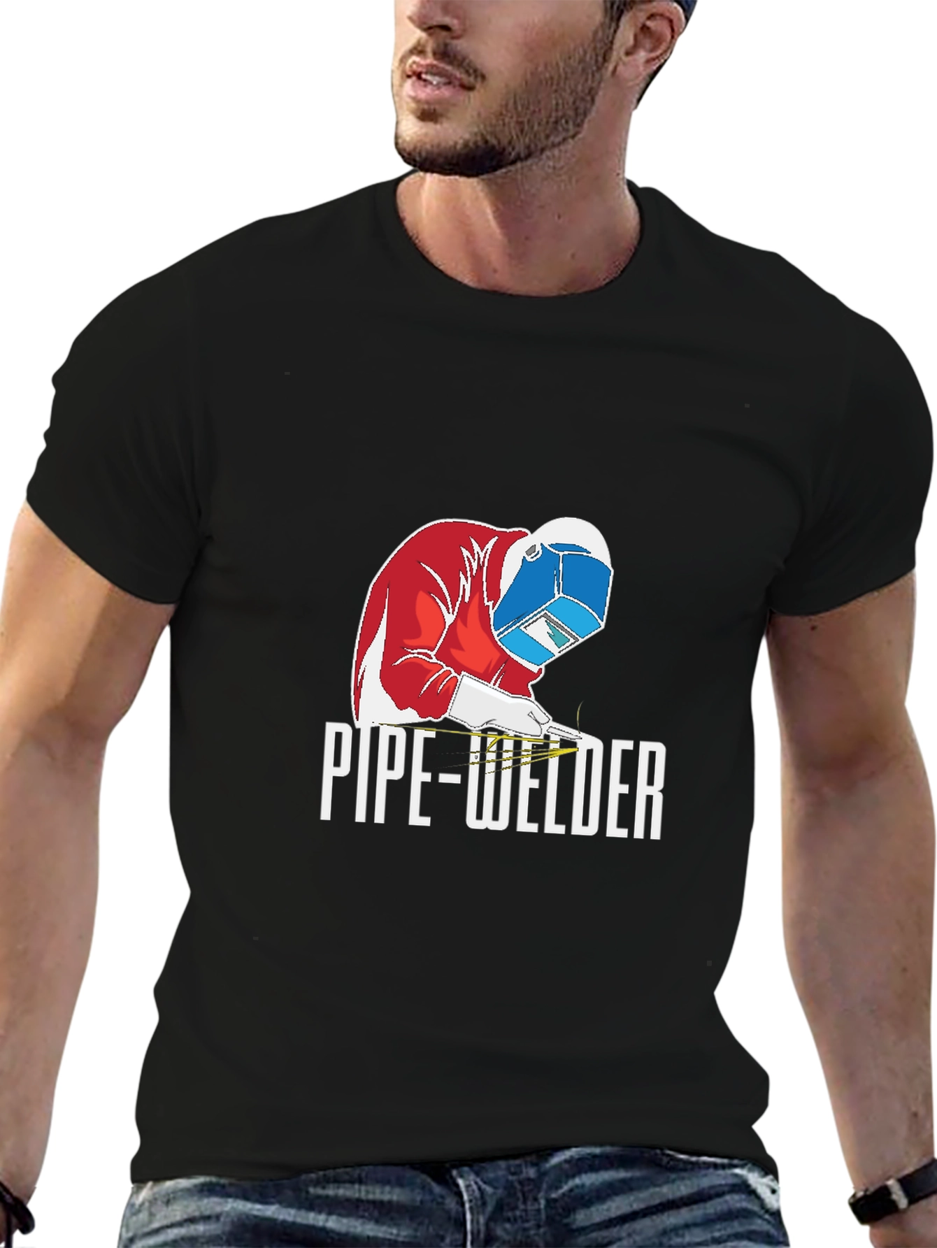 Black Pipe Welder Graphic T-Shirt - Black Crew Neck Tee view 6