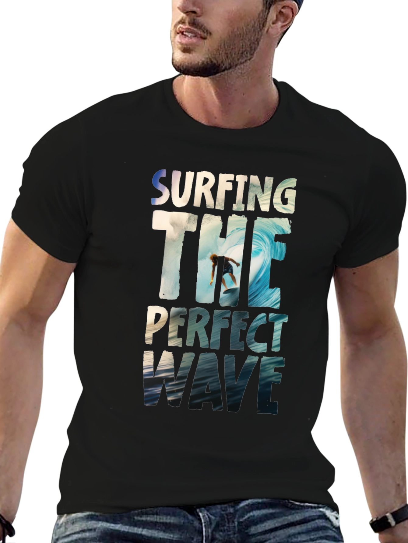 Black Surfing The Perfect Wave Black Graphic T-Shirt view 6