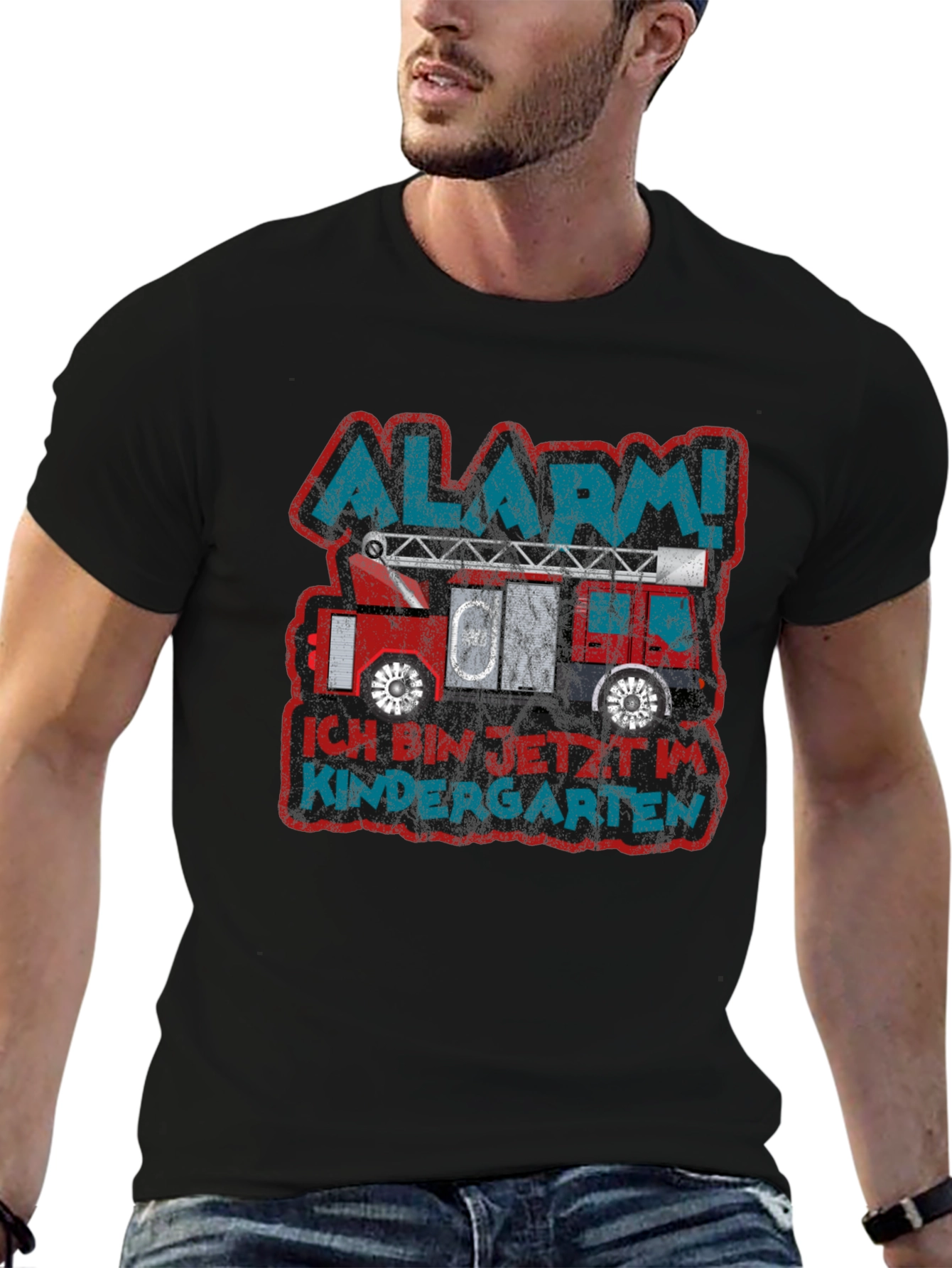 Black Alarm! Kindergarten Fire Truck T-Shirt view 6