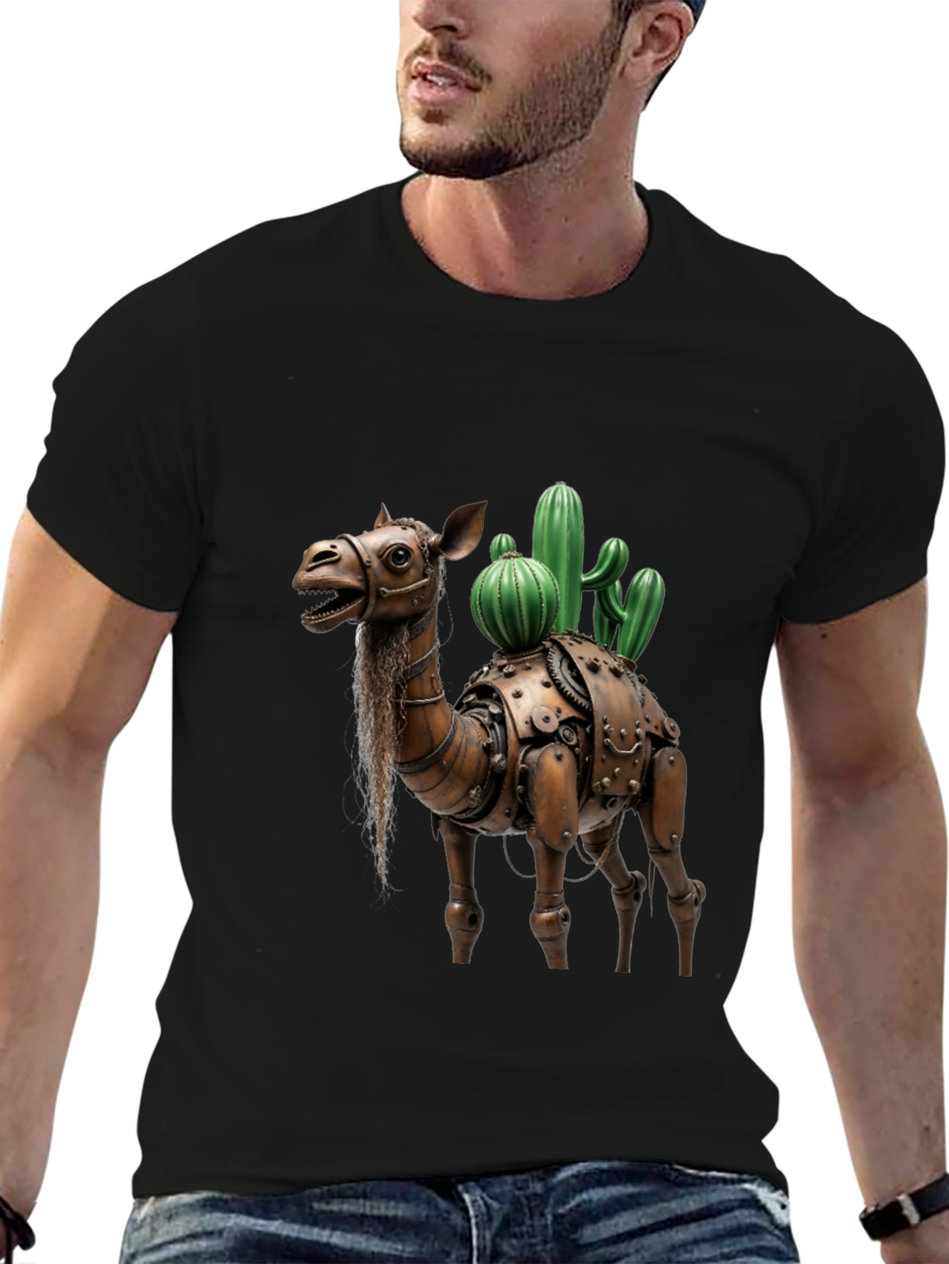 Black Steampunk Camel Cactus Graphic T-Shirt view 6