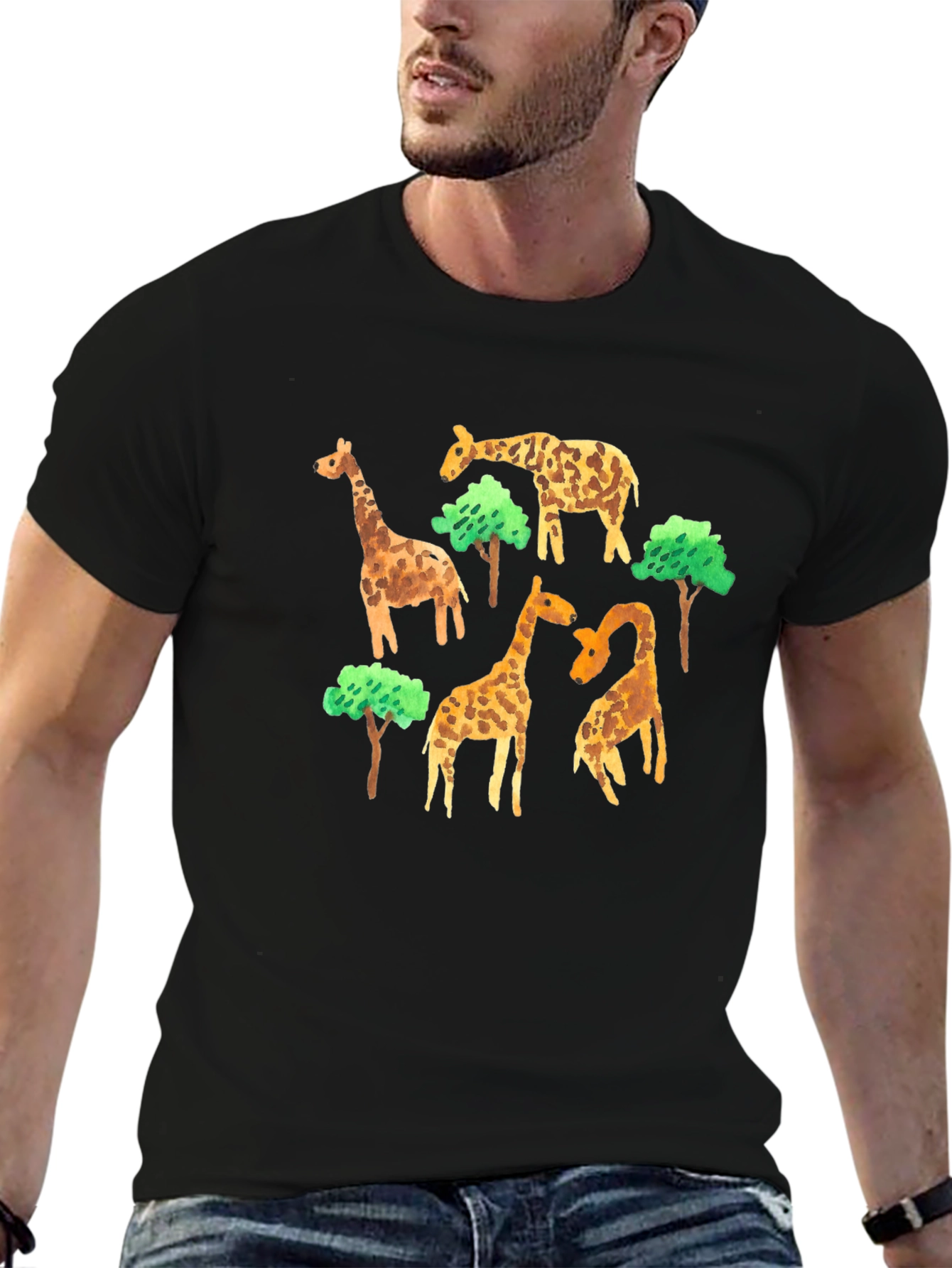 Black Giraffe Pattern T-Shirt - Black view 6
