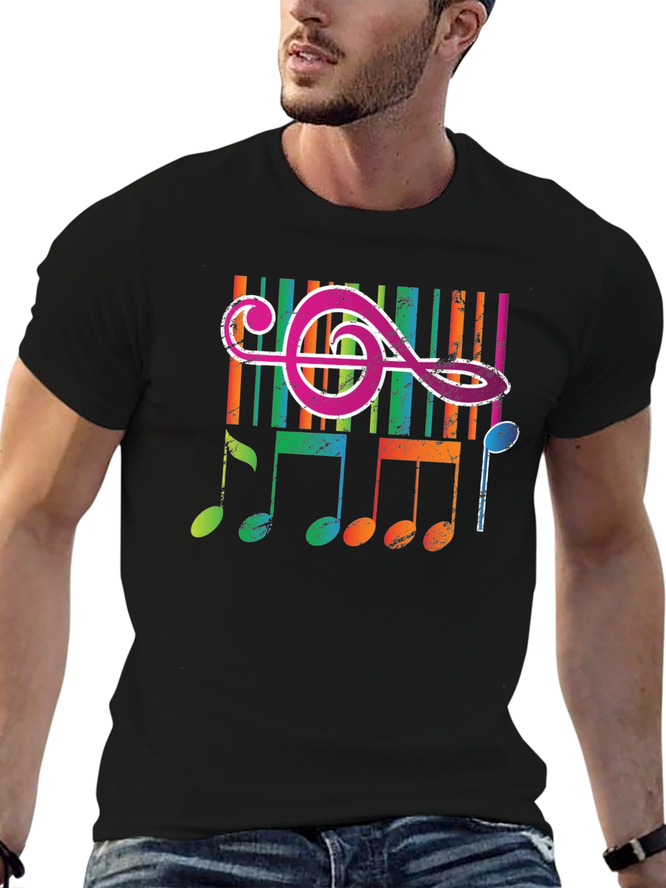 Black Colorful Music Notes Graphic T-Shirt view 6