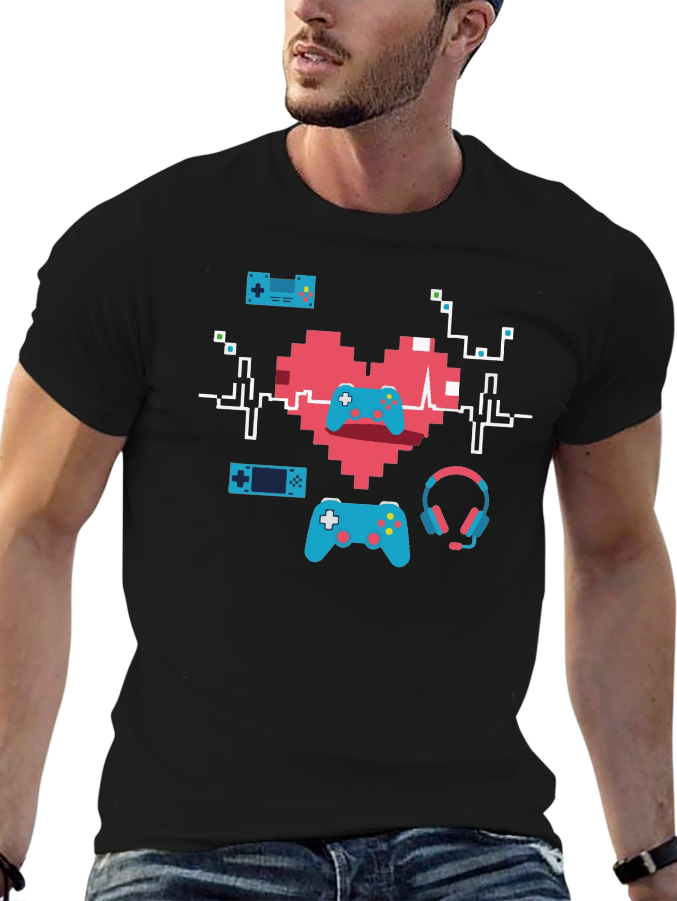 Black Gamer Heartbeat T-Shirt - Pixel Art Gaming Tee view 6