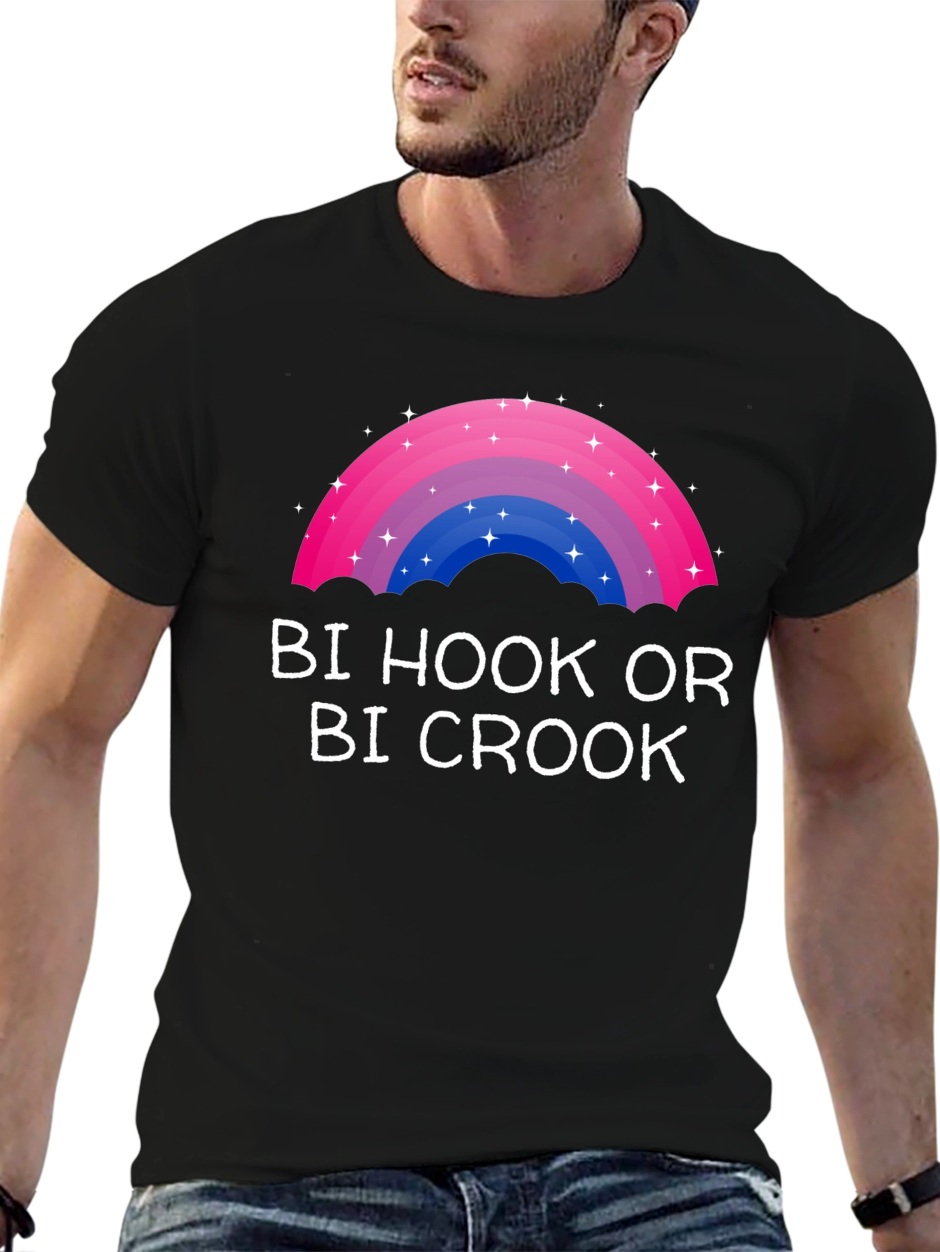 Black Bi Hook or Bi Crook T-Shirt - Bisexual Pride Rainbow view 6