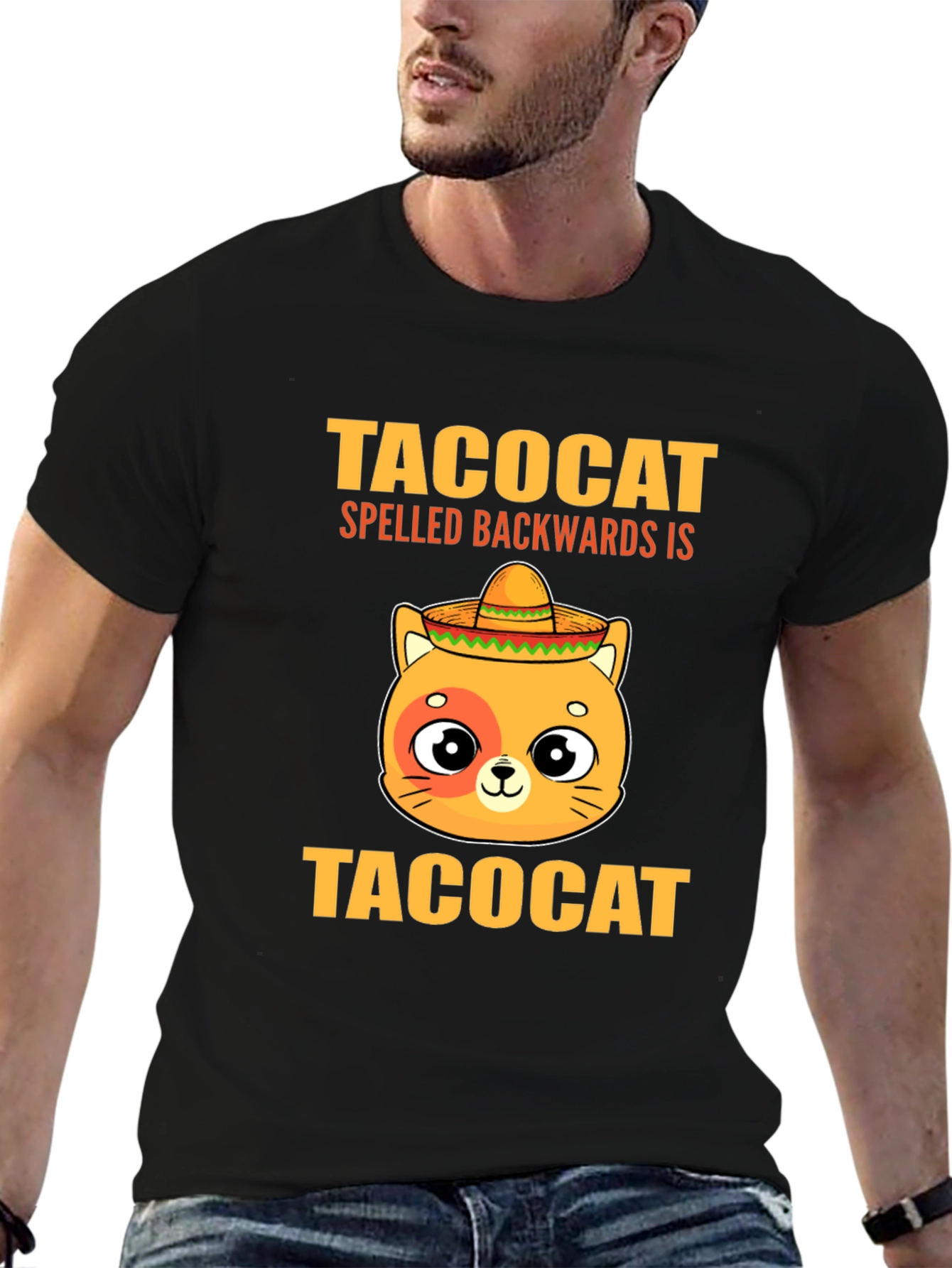 Black Taco Cat T-Shirt - Spelled Backwards is TacoCat! Funny Tee view 6