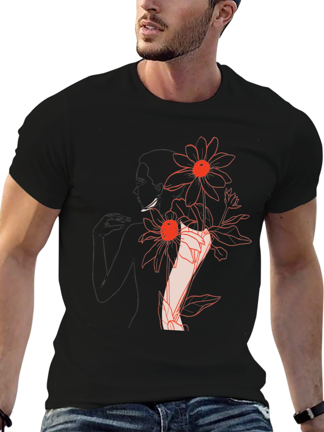Black Floral Woman Graphic Black T-Shirt view 6