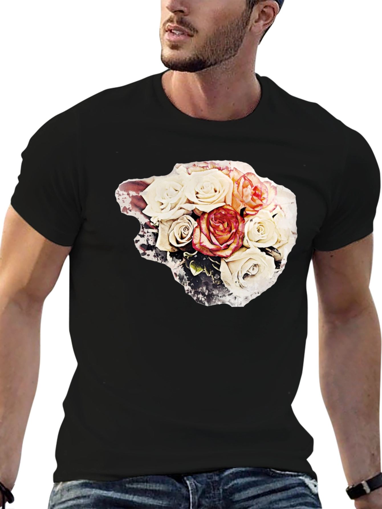 Black Floral Bouquet Graphic Tee - Stylish Black T-Shirt view 6