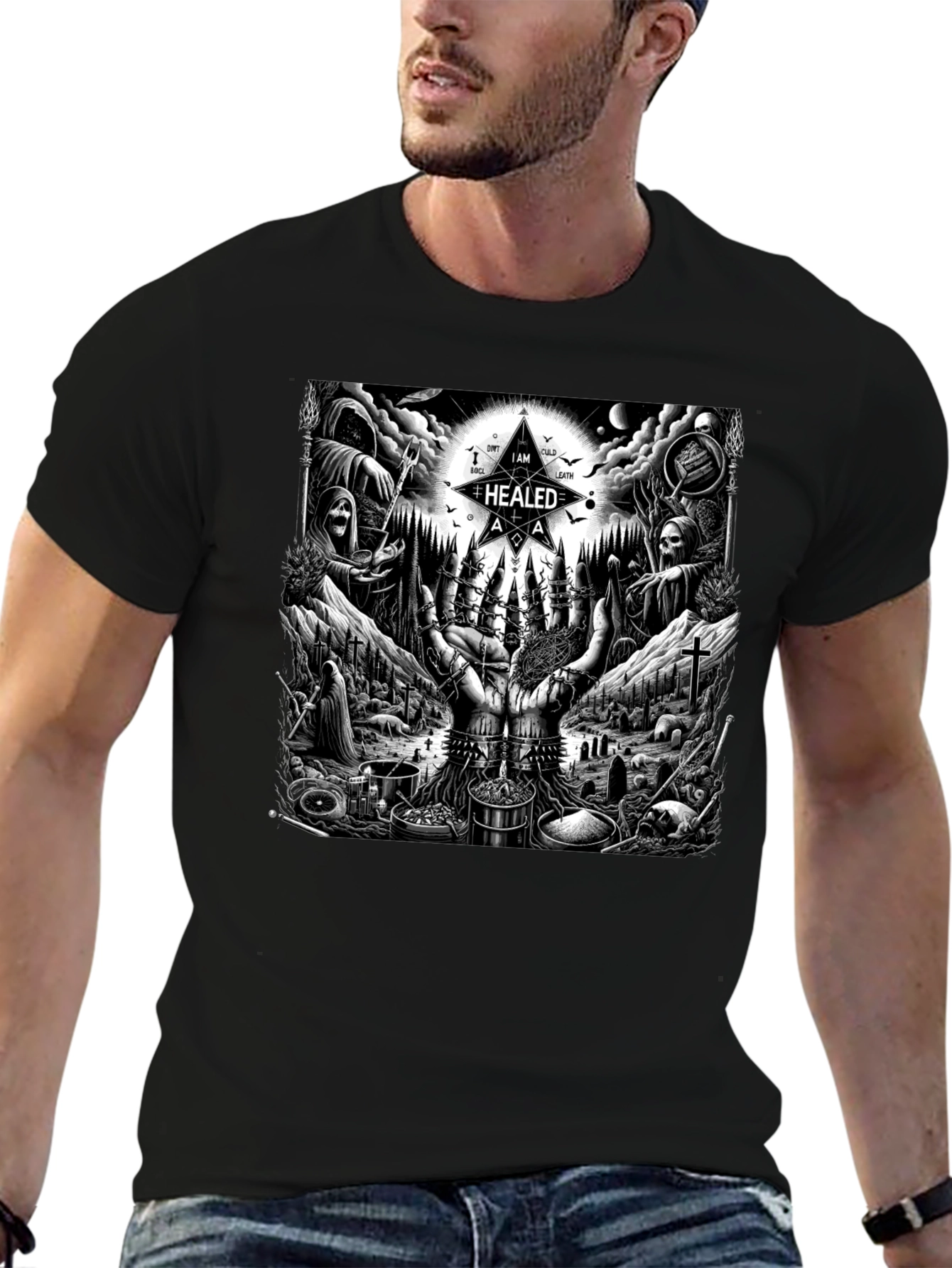 Black Occult Ritual Graphic T-Shirt - Dark Aesthetic Tee view 6