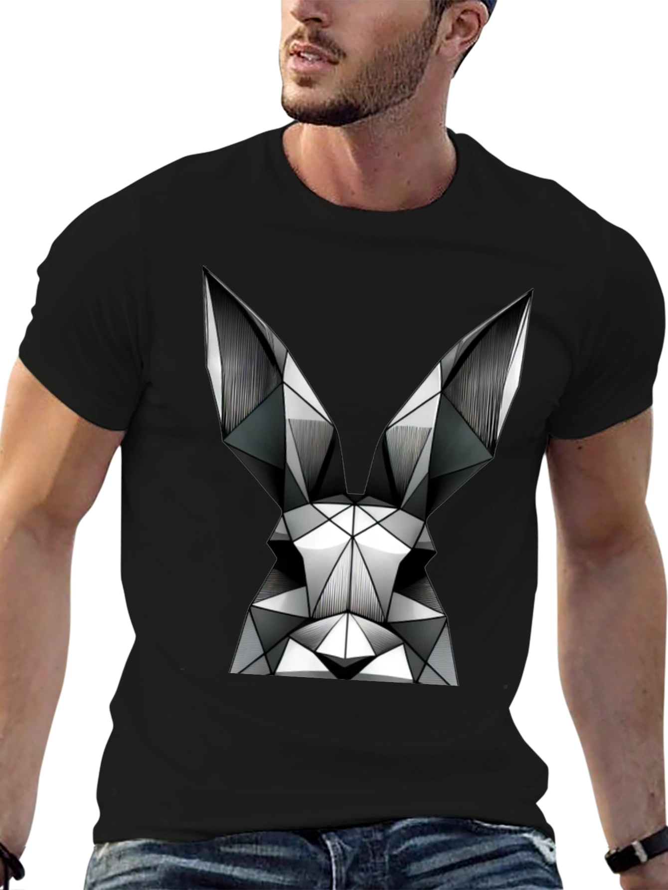 Black Geometric Rabbit Graphic Tee - Modern Black T-Shirt view 6