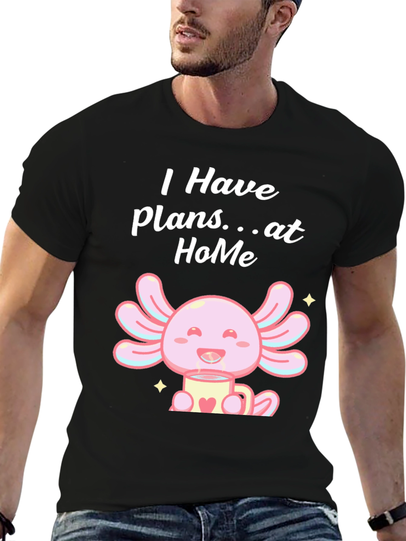 Black Cute Axolotl "Plans at Home" Black T-Shirt view 6