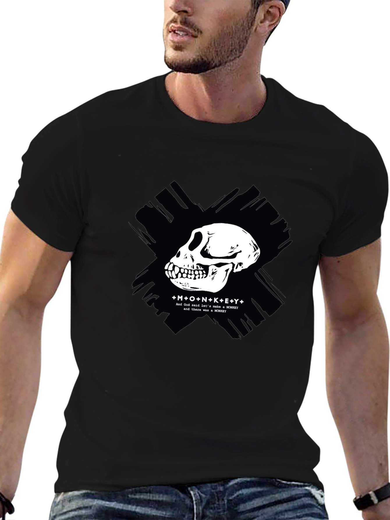 Black Monkey Skull Graphic T-Shirt - Crew Neck, Black view 6