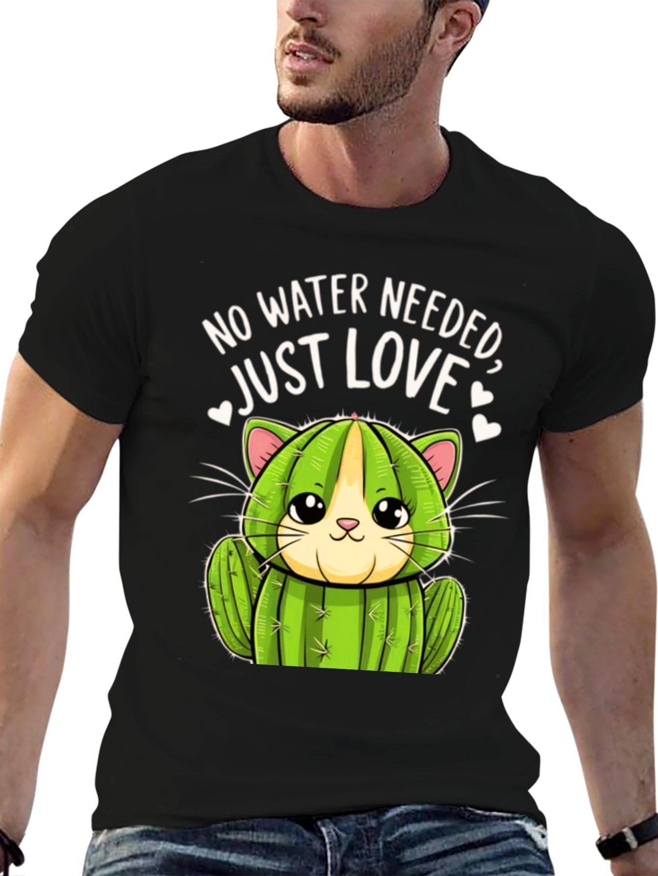Black Cactus Cat T-Shirt - No Water Needed, Just Love view 6