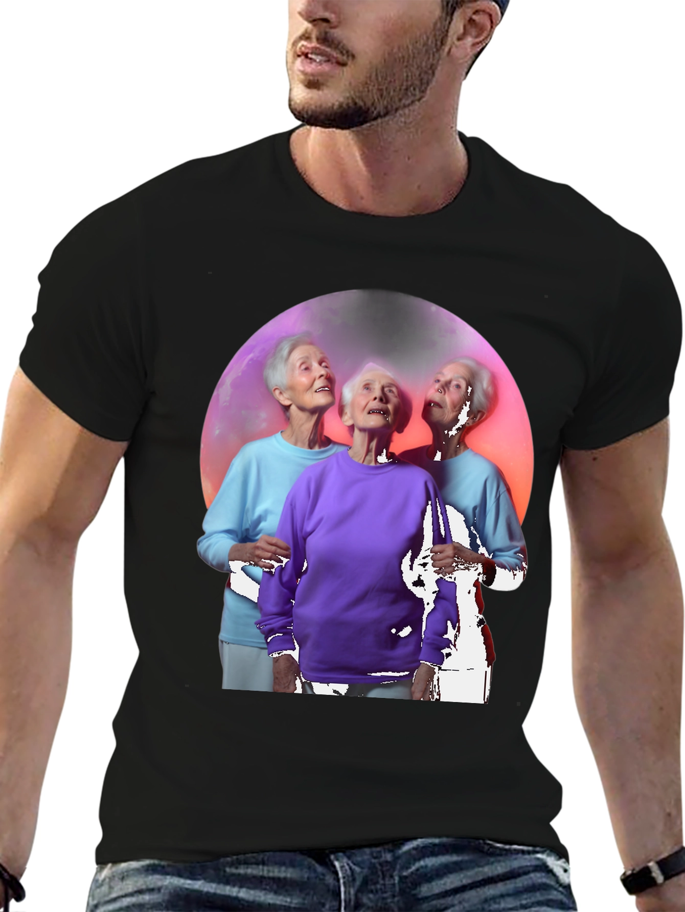Black Three Grannies in Space Black T-Shirt view 6