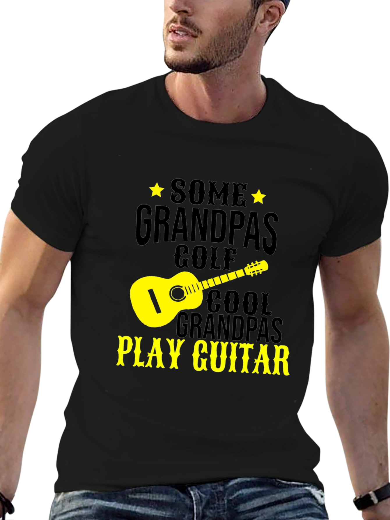 Black Cool Grandpa Guitar Player Black T-Shirt view 6