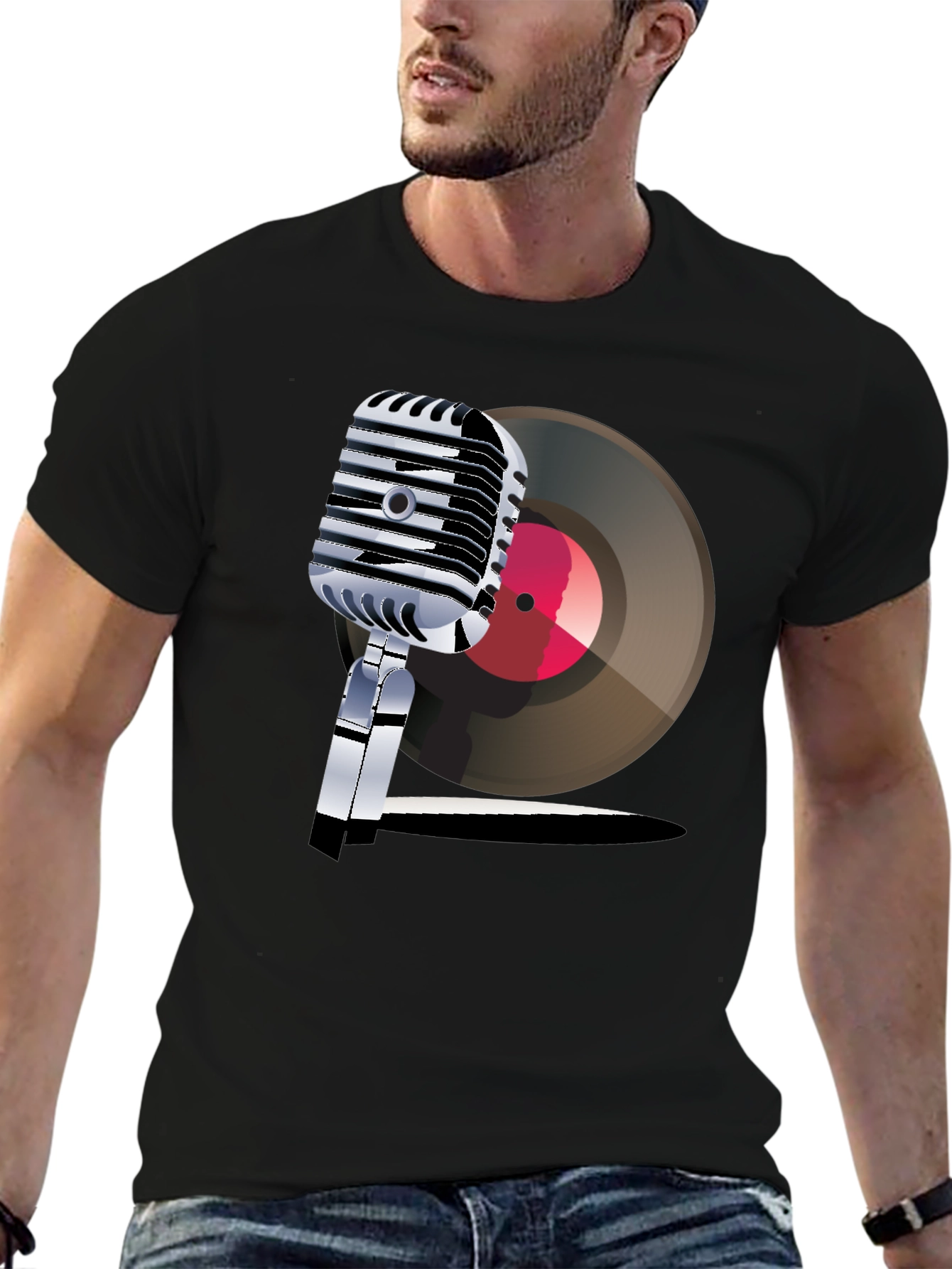 Black Retro Microphone & Record Graphic Tee view 6