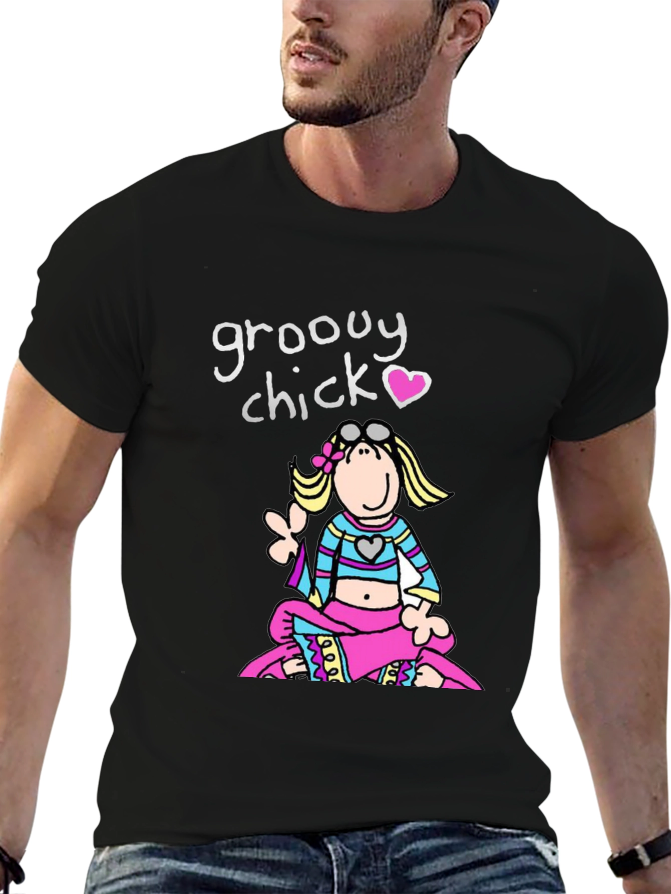 Black Groovy Chick T-Shirt - Retro Cartoon Peace view 6