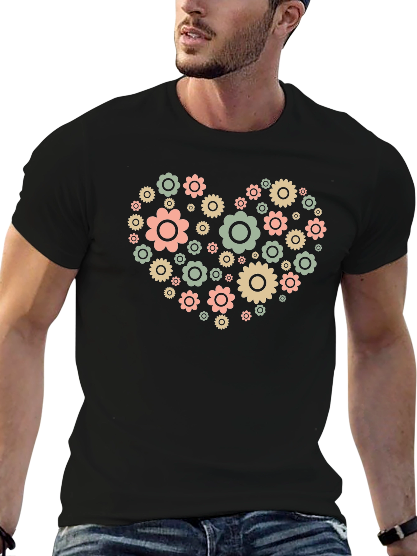 Black Floral Heart Graphic Tee - Black Cotton Blend view 6