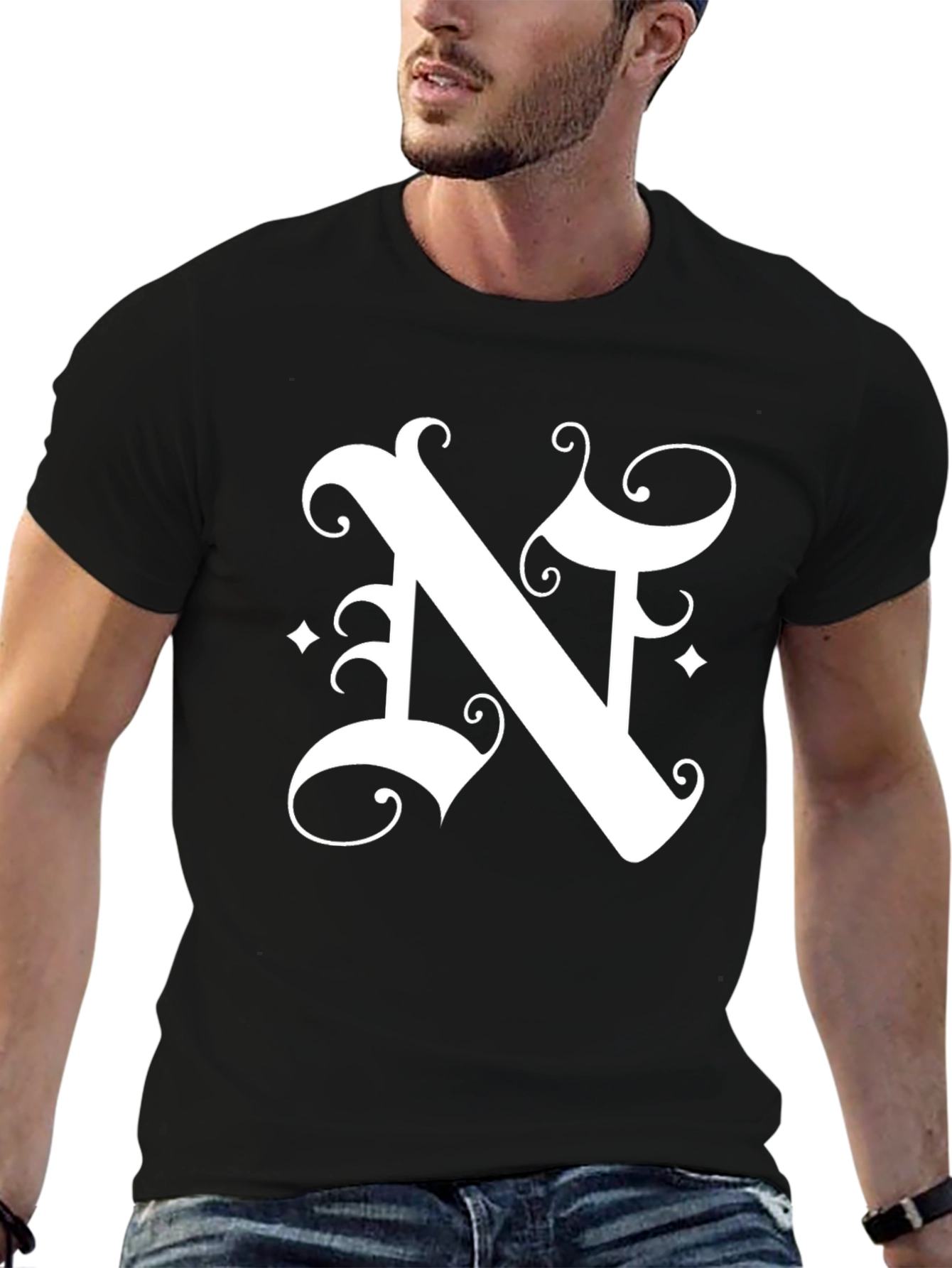 Black Letter N Graphic Tee - Black Cotton Blend Shirt view 6