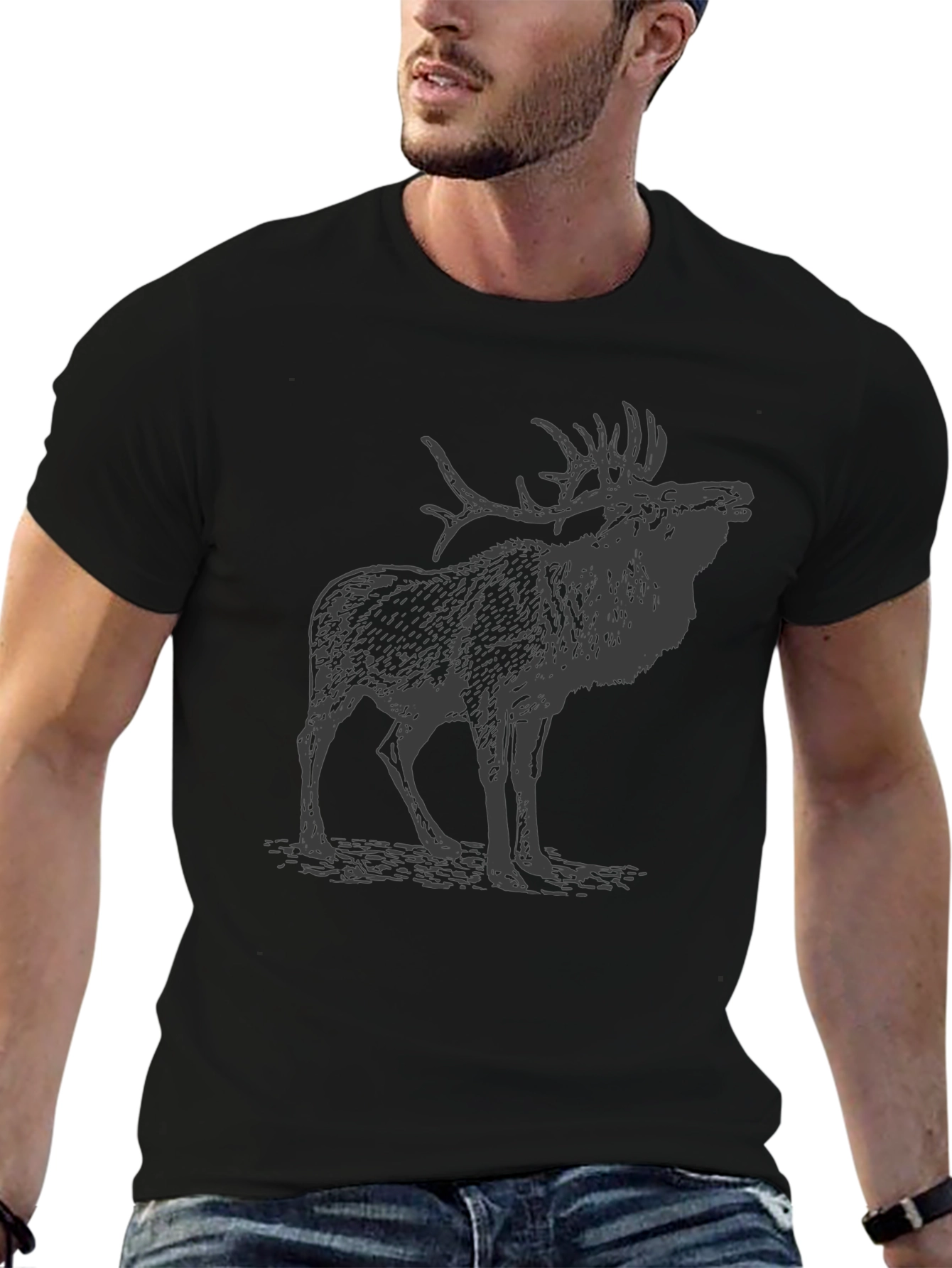 Black Black T-Shirt with Elk Print view 6