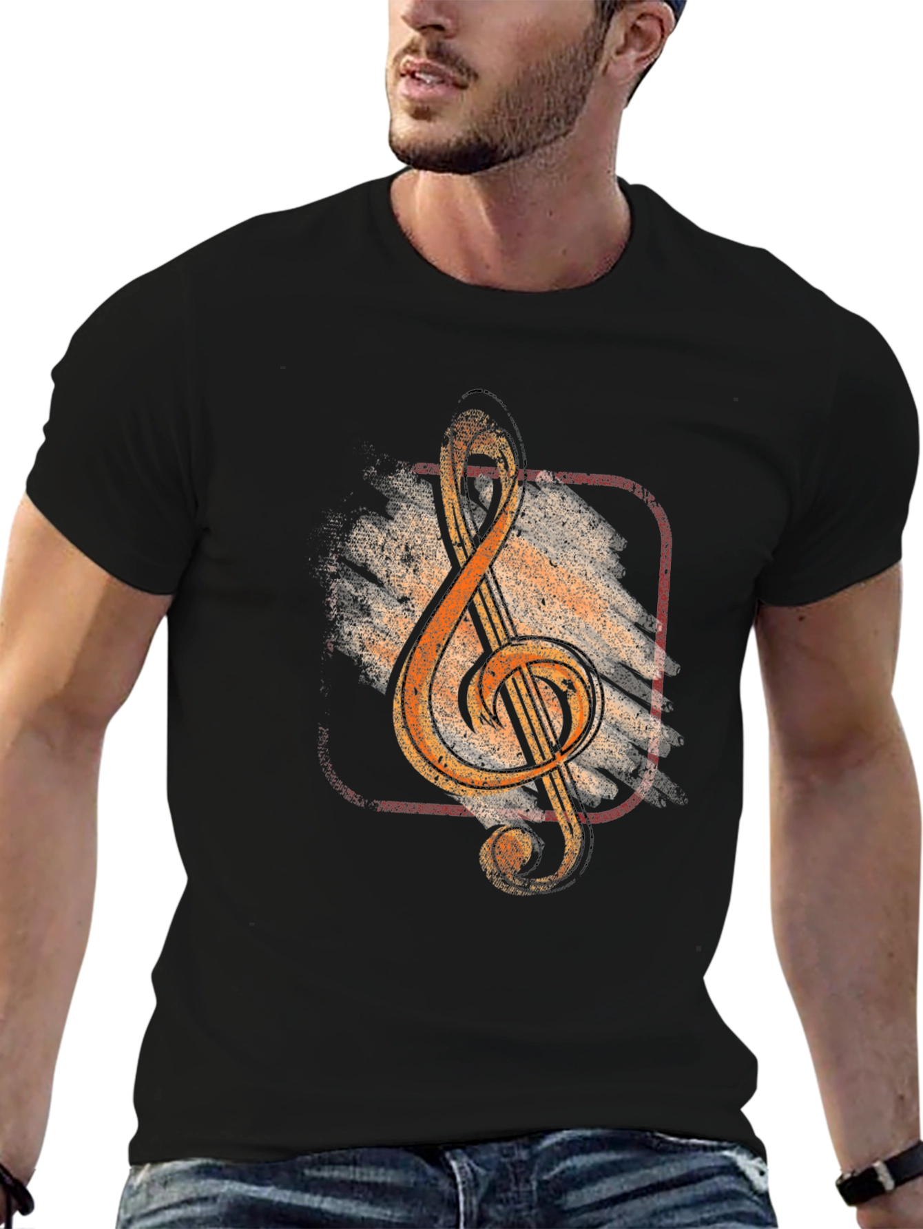 Black Vintage Music Treble Clef Graphic T-Shirt view 6