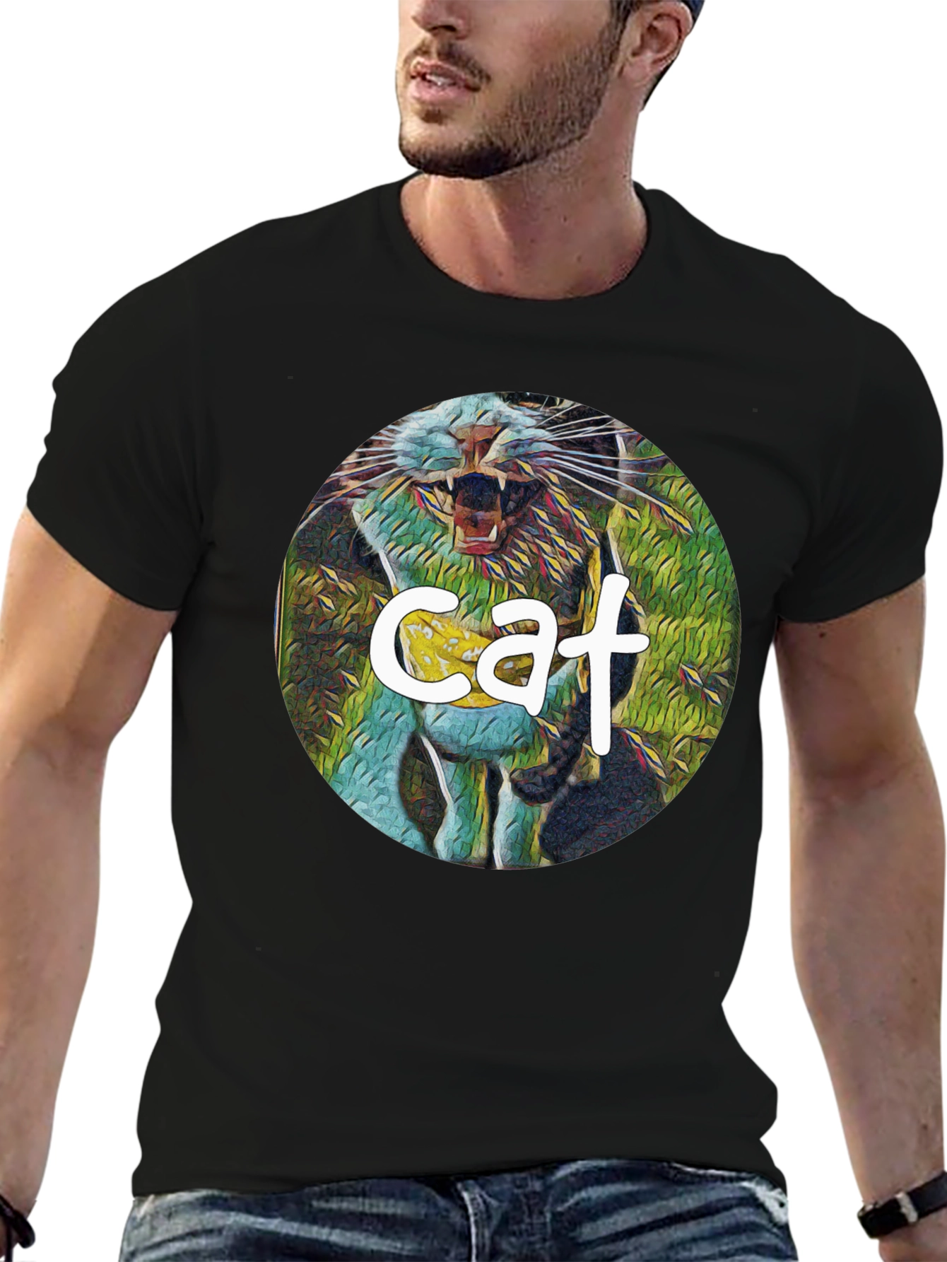 Black Cat Graphic Print Black T-Shirt view 6