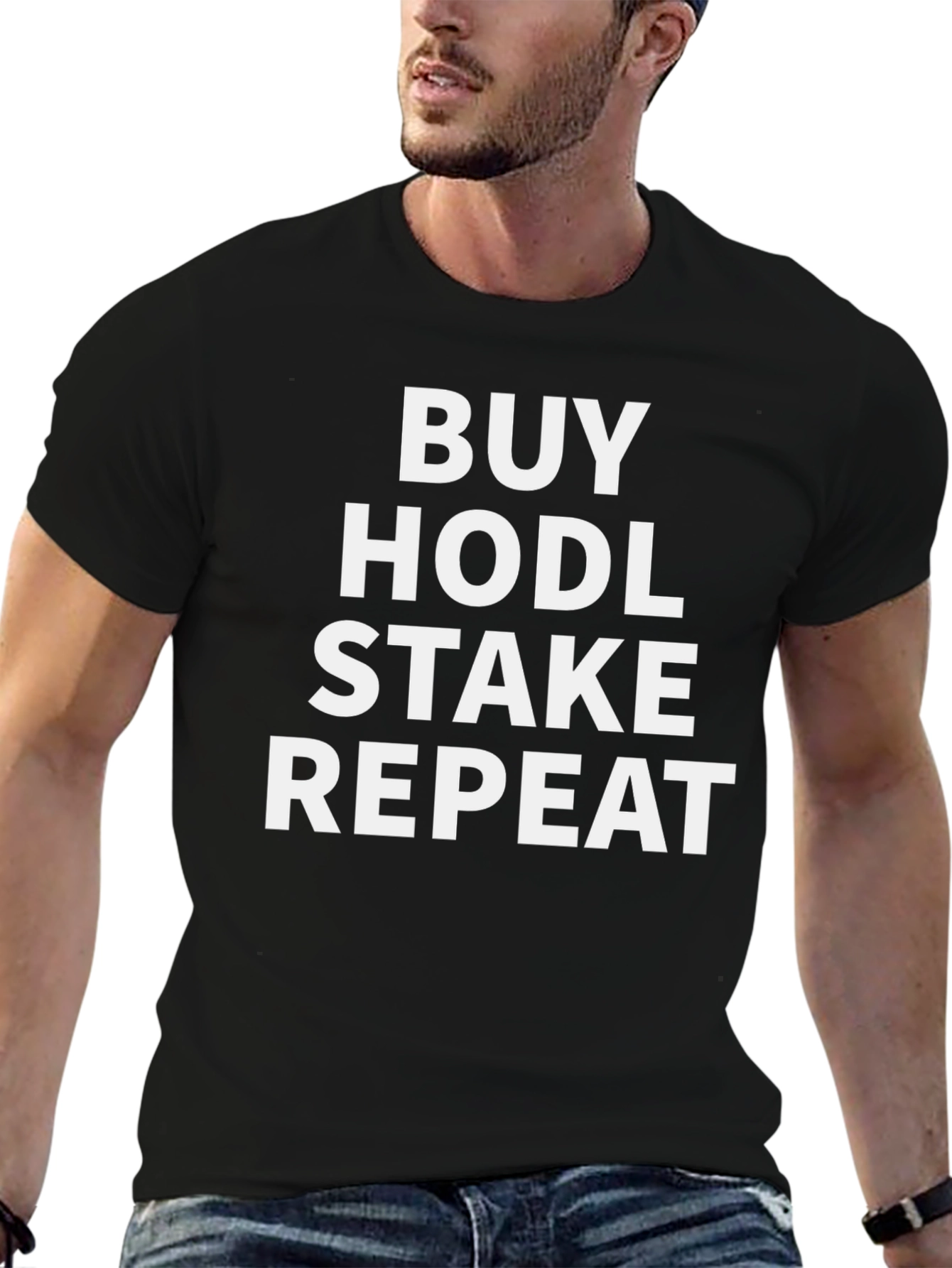 Black Buy HODL Stake Repeat Crypto T-Shirt view 6