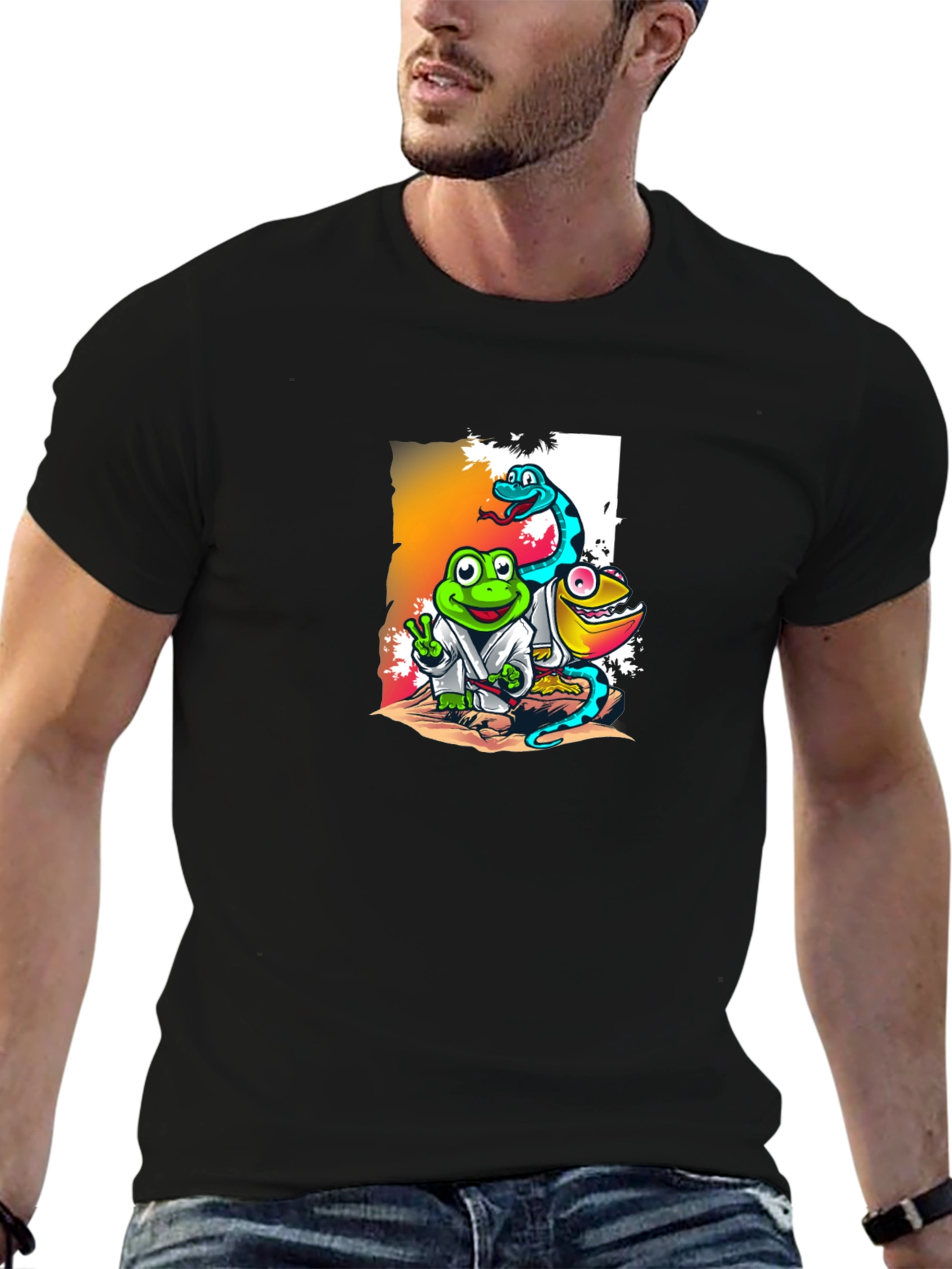 Black Cartoon Reptile Karate T-Shirt view 6