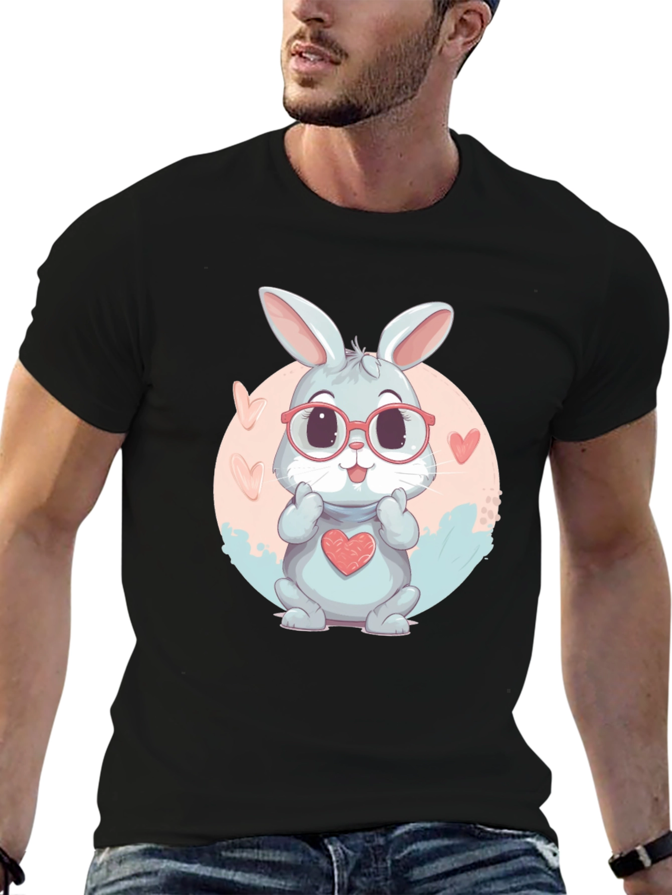 Black Cute Bunny Heart Graphic Tee view 6