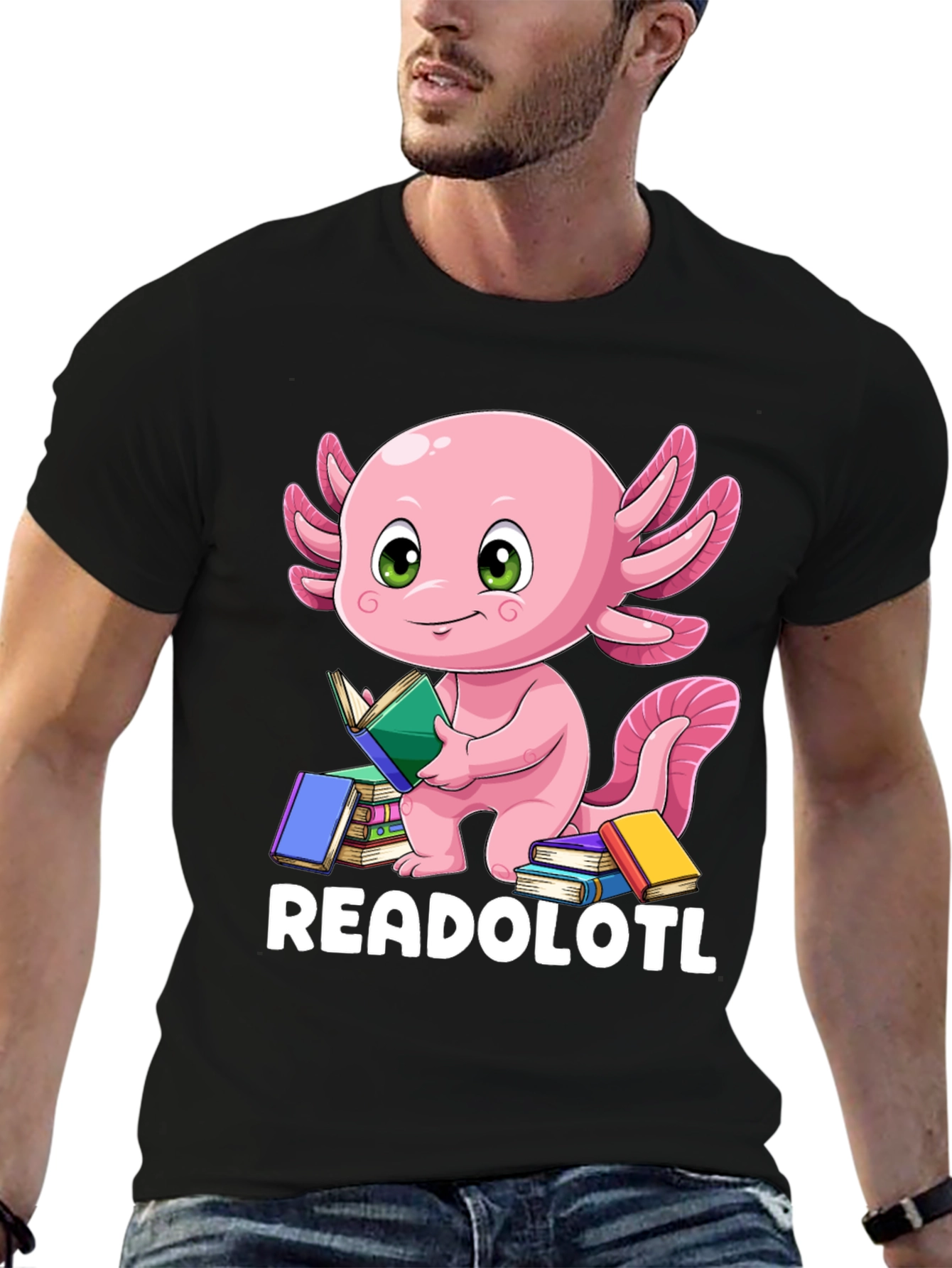 Black Readolotl Axolotl Reading Book T-Shirt view 6