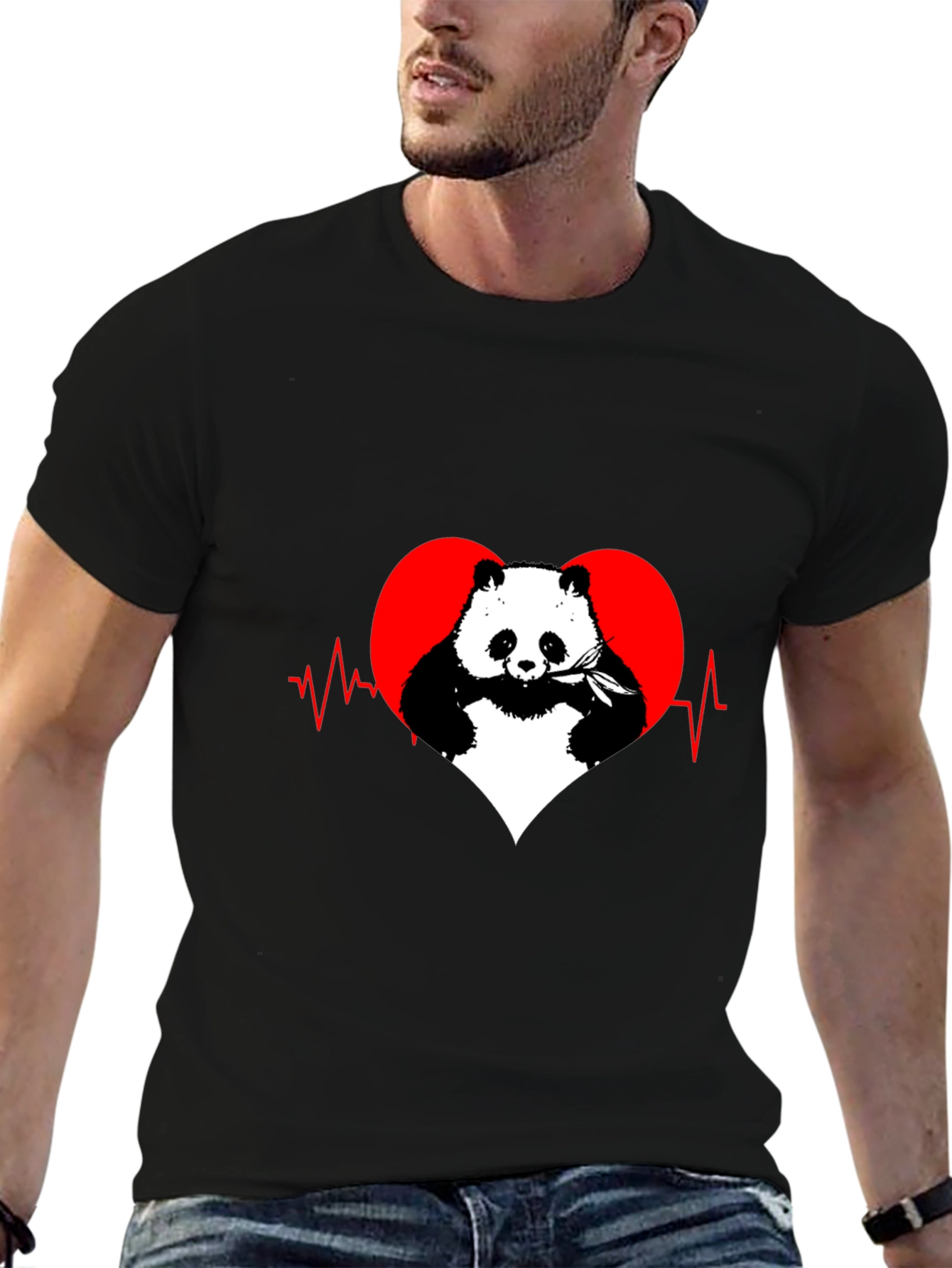 Black Panda Heartbeat Graphic Tee - Men's Black T-Shirt view 6