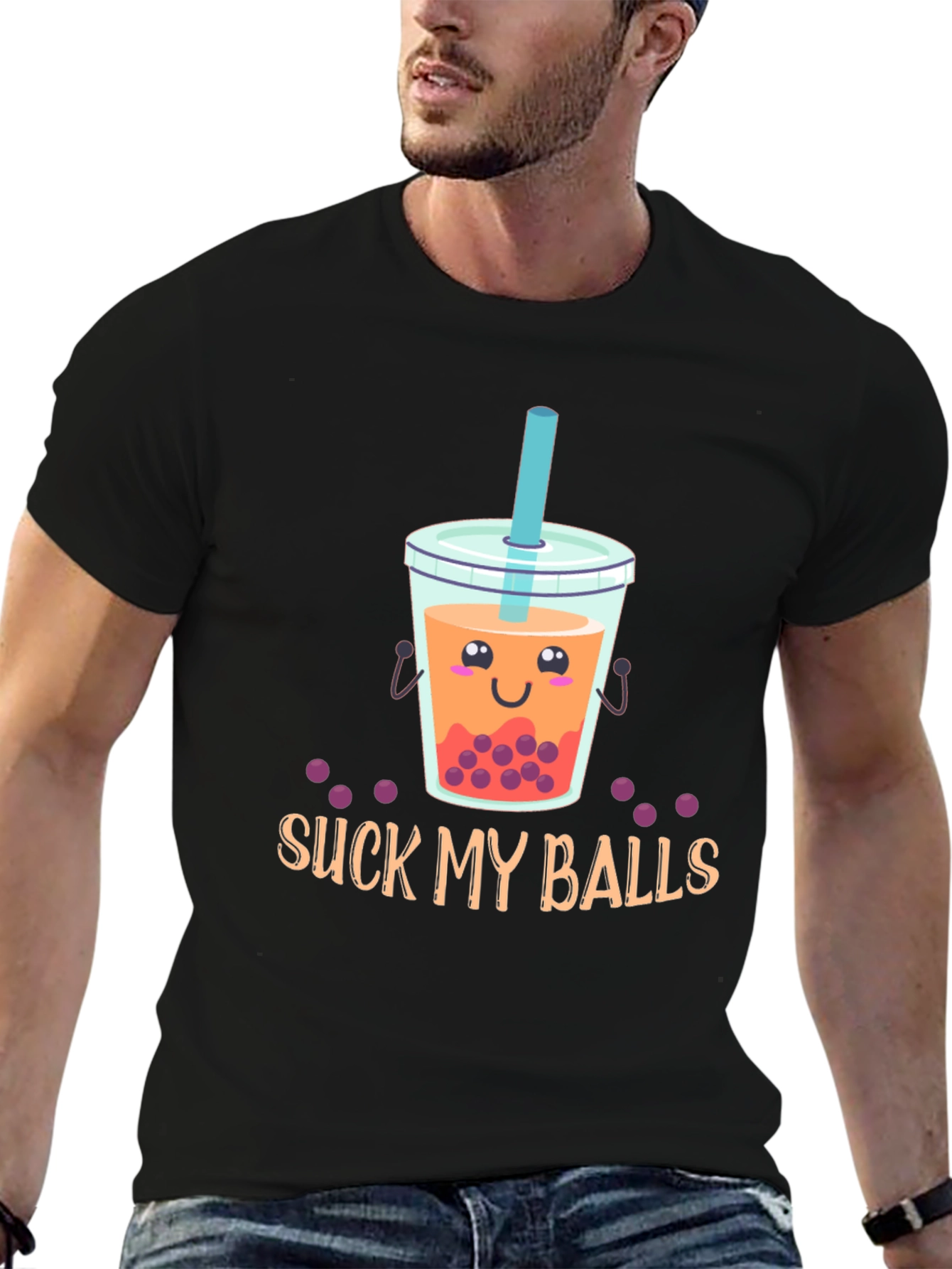 Black Suck My Balls Funny Bubble Tea Graphic T-Shirt view 6
